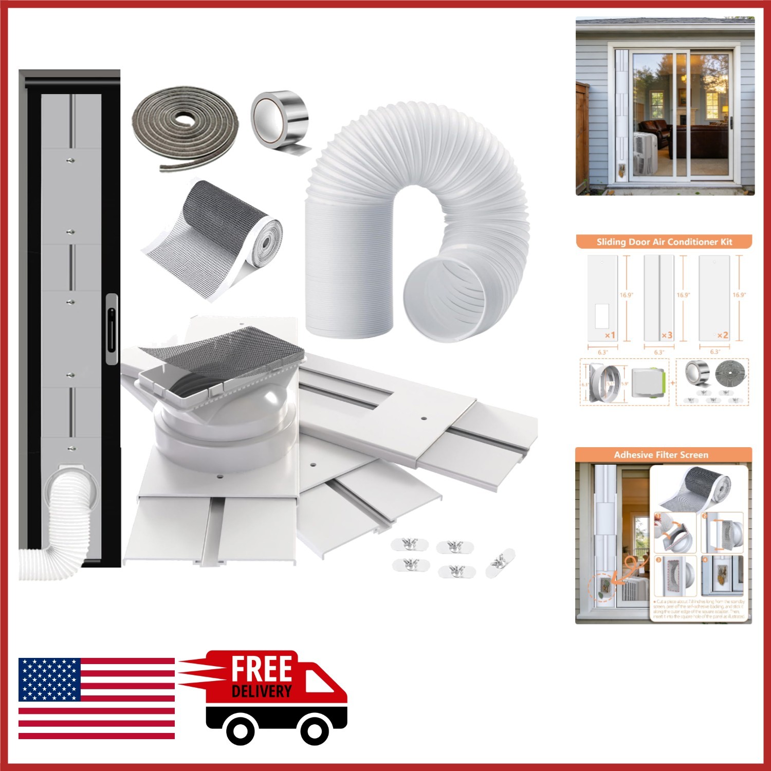 95″ Sliding Door AC Vent Kit with 5.9″ Hose & Weather Stripping for Portable AC