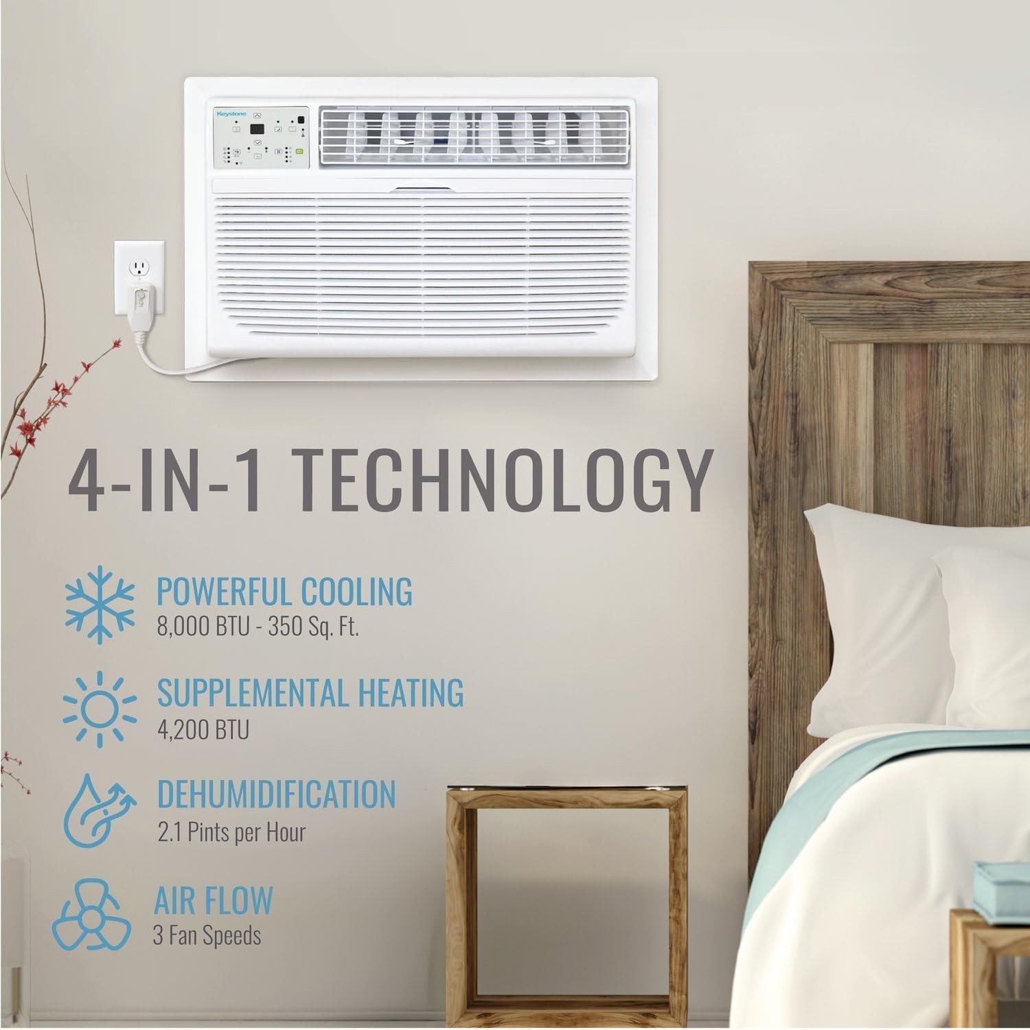 Keystone 8,000 BTU Wall Mounted Air Conditioner w/Supplemental Heat Dehumidifier