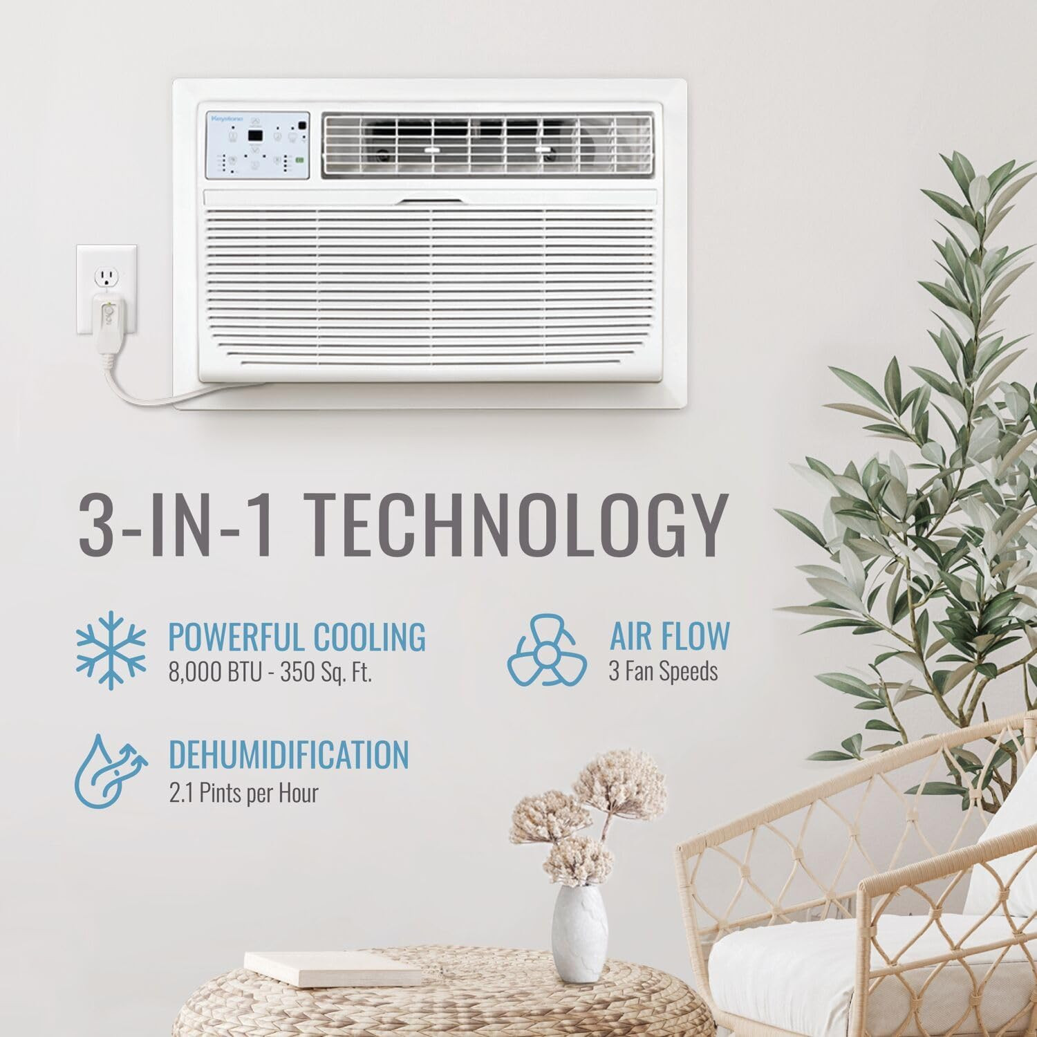 8,000 BTU Quiet Wall AC & Dehumidifier for Rooms up to 350 Sq.Ft.