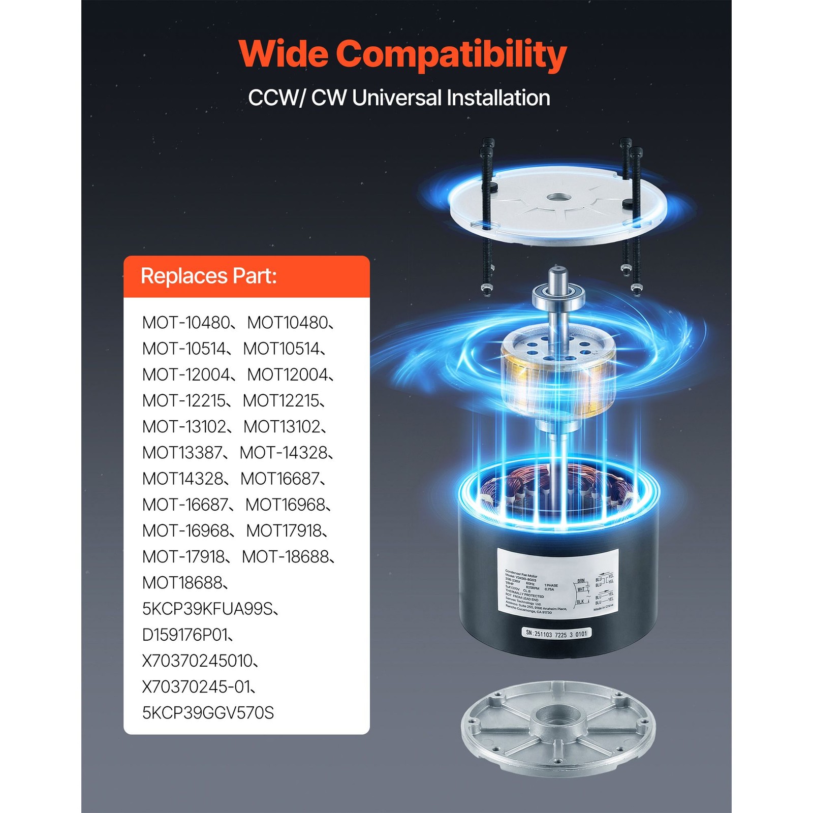 Condenser Fan Motor with Capacitor, 1/ 8 HP 825 RPM 208 – 230V