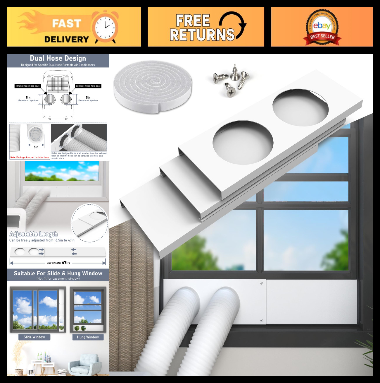 Dual Hose Portable Air Conditioner Window Kit – Adjustable Seal Plates & Foam St