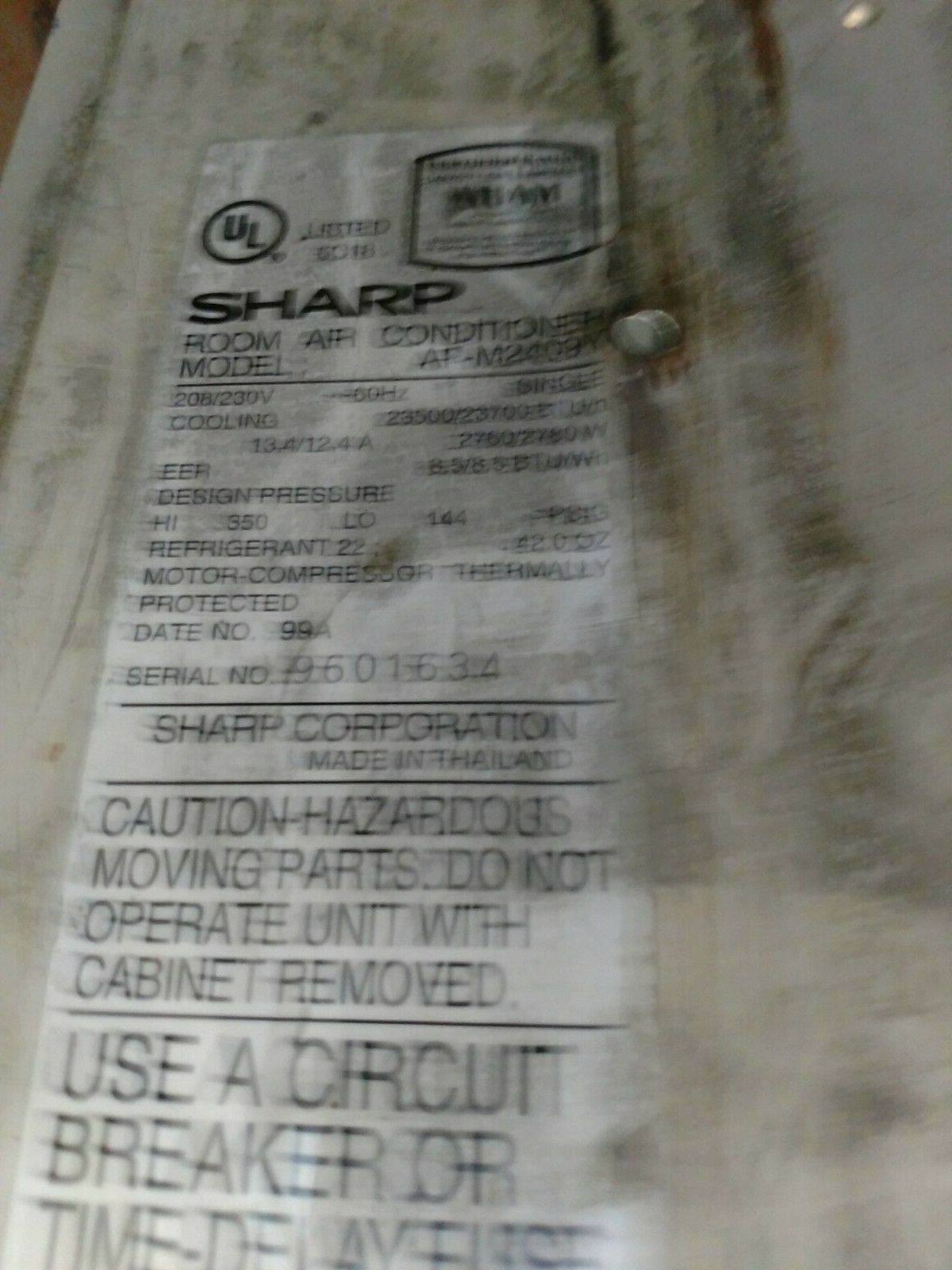 Sharp Window Air Conditioner 208 volts; 17″ high; 28″ deep; 26″ long; works