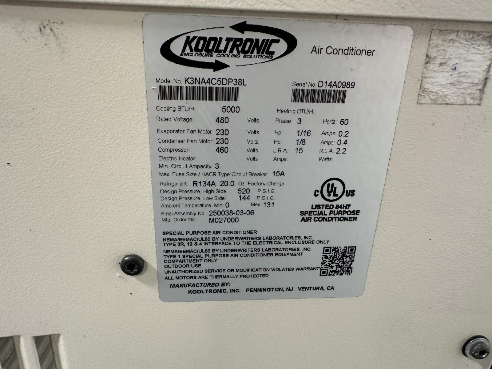 Kooltronic Panel Mount Air Conditioner