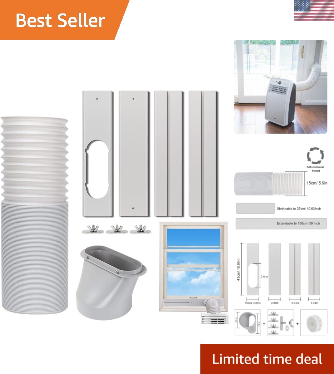 Portable Air Conditioner Window Vent Kit, Adjustable Window Seal with 5.9 Inc…