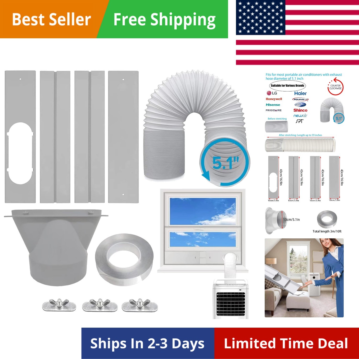 Portable Air Conditioner Window Kit with 5.1″ Exhaust Hose Universal Window S…