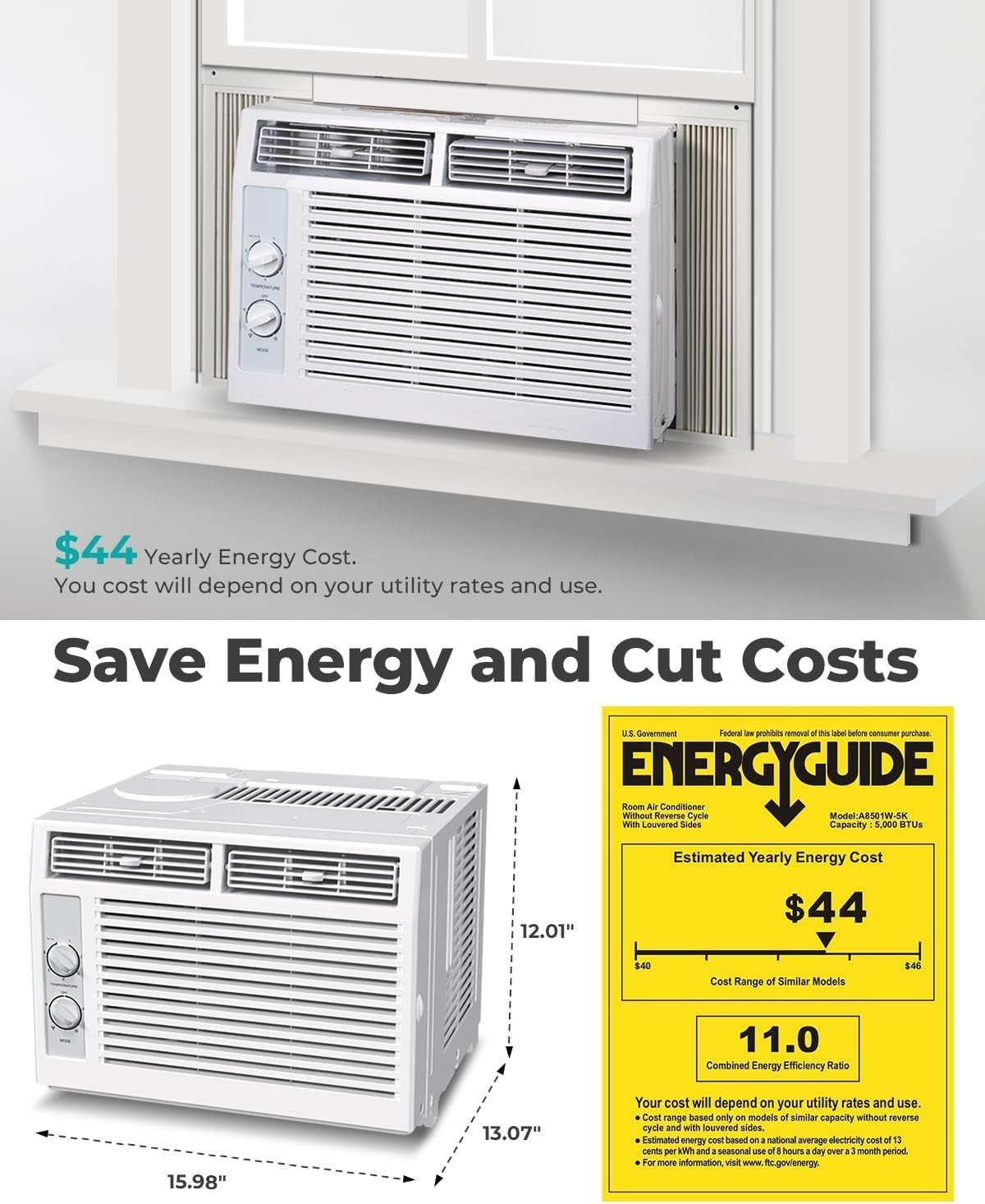 5000 BTU Window Air Conditioner AC Unit, Cool up to 150 Sq.Ft., Adjustable Cooli
