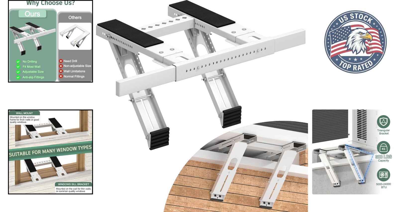 No-Drill 300 lbs Window AC Bracket with Anti-Slip Pads for Secure Installation