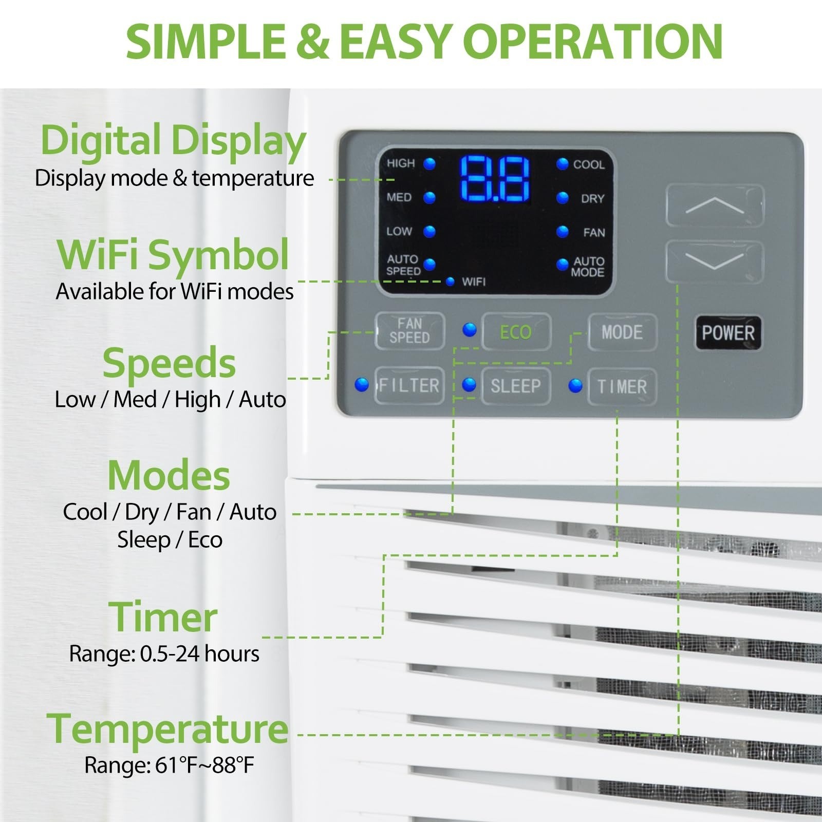 8000 BTU WiFi Window Air Conditioner with Remote Control, Energy Saving