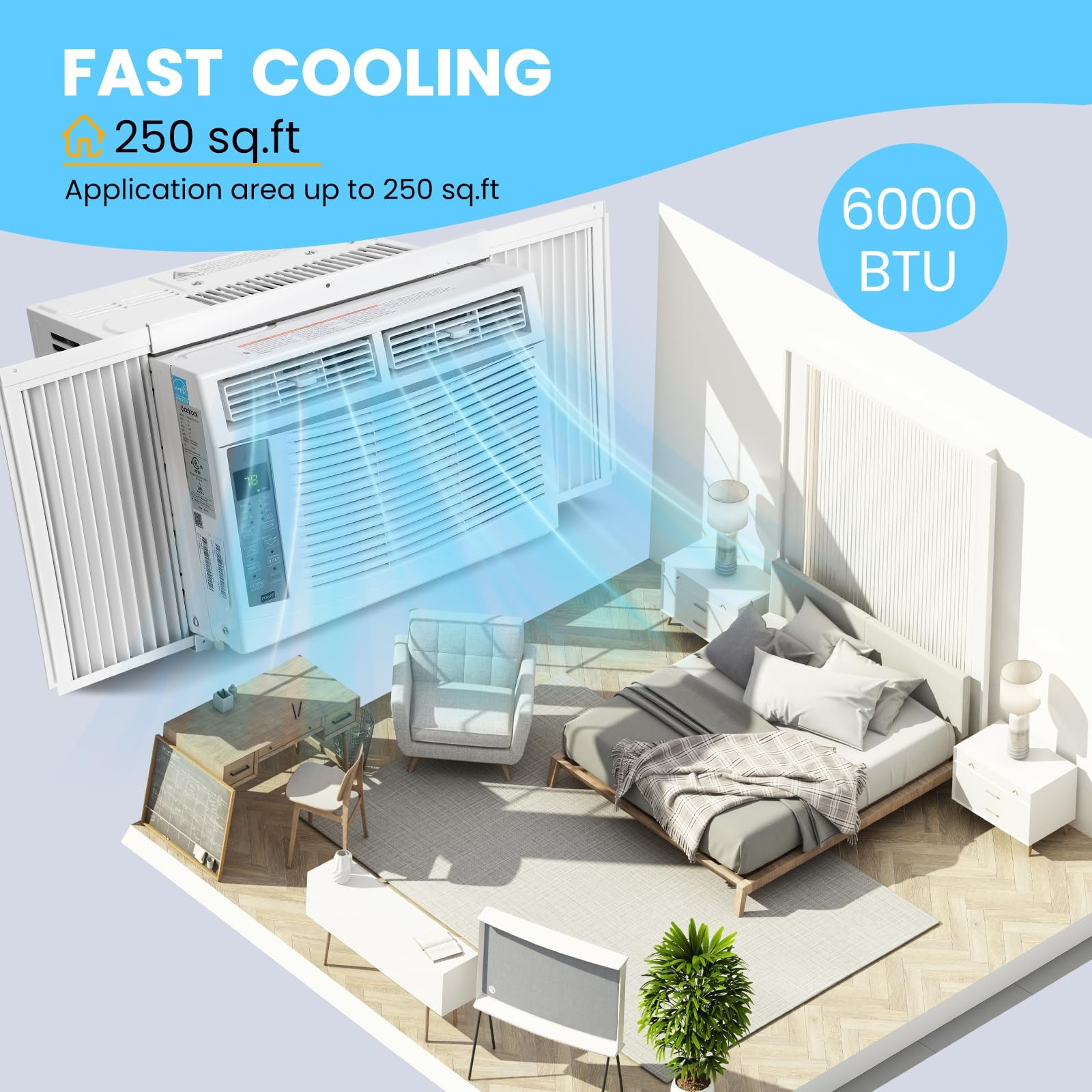 6000 BTU Window Air Conditioner AC Unit w/ Remote App Control up to 250 Sq. Ft.