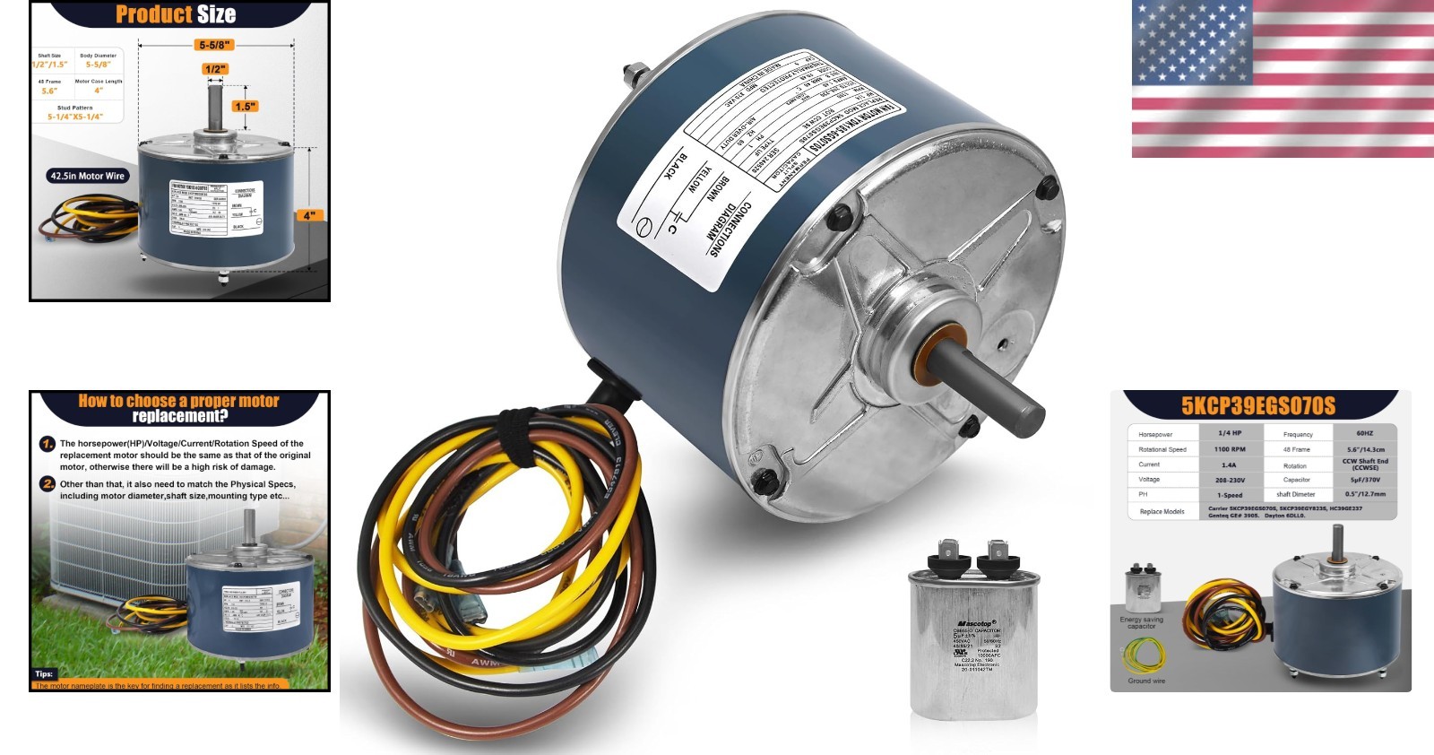 1/4 HP 1100 RPM 208-230V Fan Motor Replacement