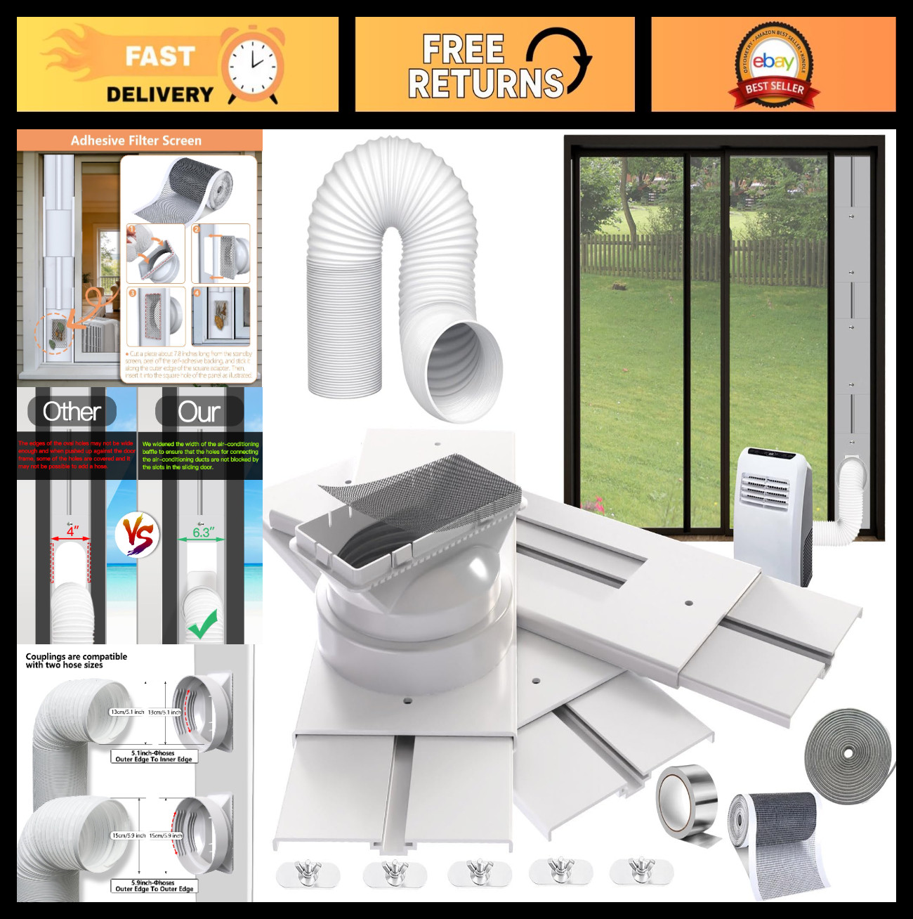 95″ Sliding Door AC Vent Kit – 5.1″ Hose, Screen Net, Weather Stripping, Univers