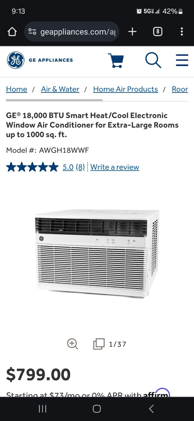 GE AHEK08ACW1 8000 Btu Smart Window Air Conditioner Open Box Brand New