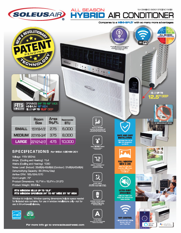 Soleus Air 10000 BTU Saddle Window Air Conditioner w/ Heating Wi-Fi