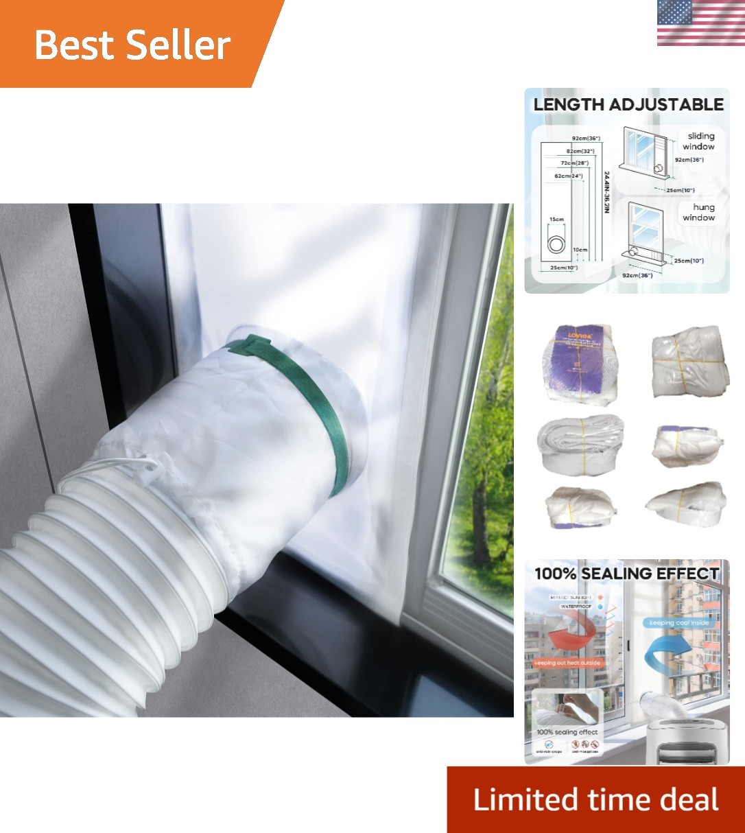 100% Sealing Portable AC Window Seal Kit, Adjustable 10×24-36 Inch Waterproof