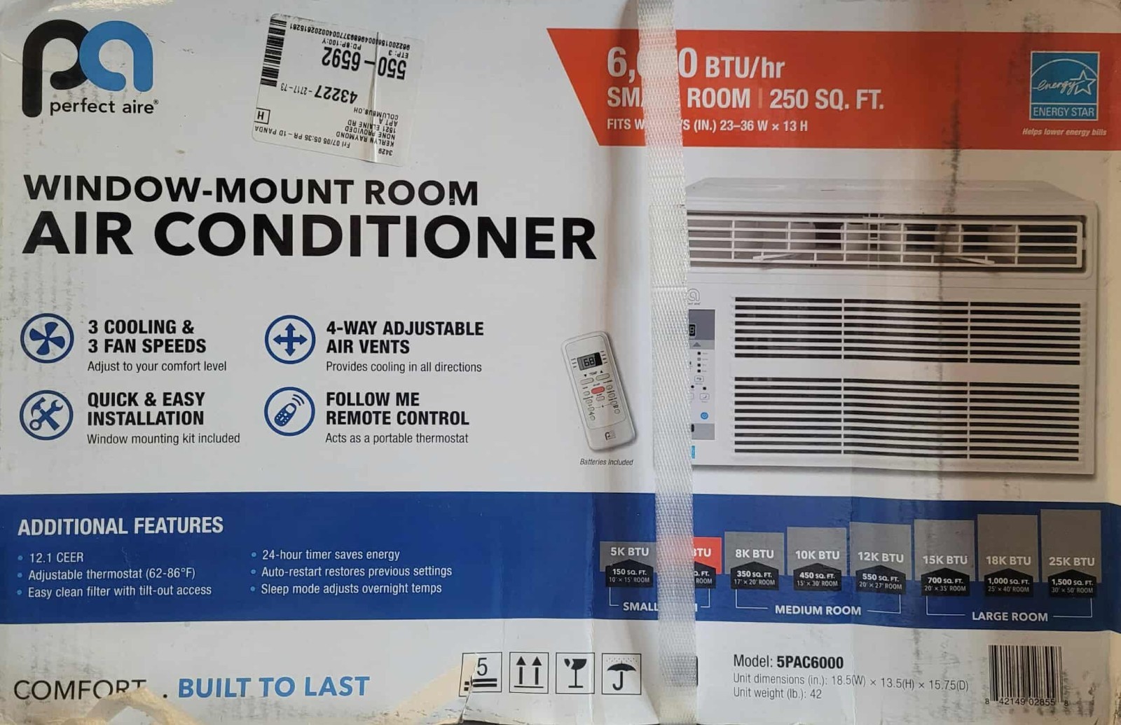 Perfect Aire 5PAC6000 6000 BTU Energy Star Window Air Conditioner w/Remote *NEW*