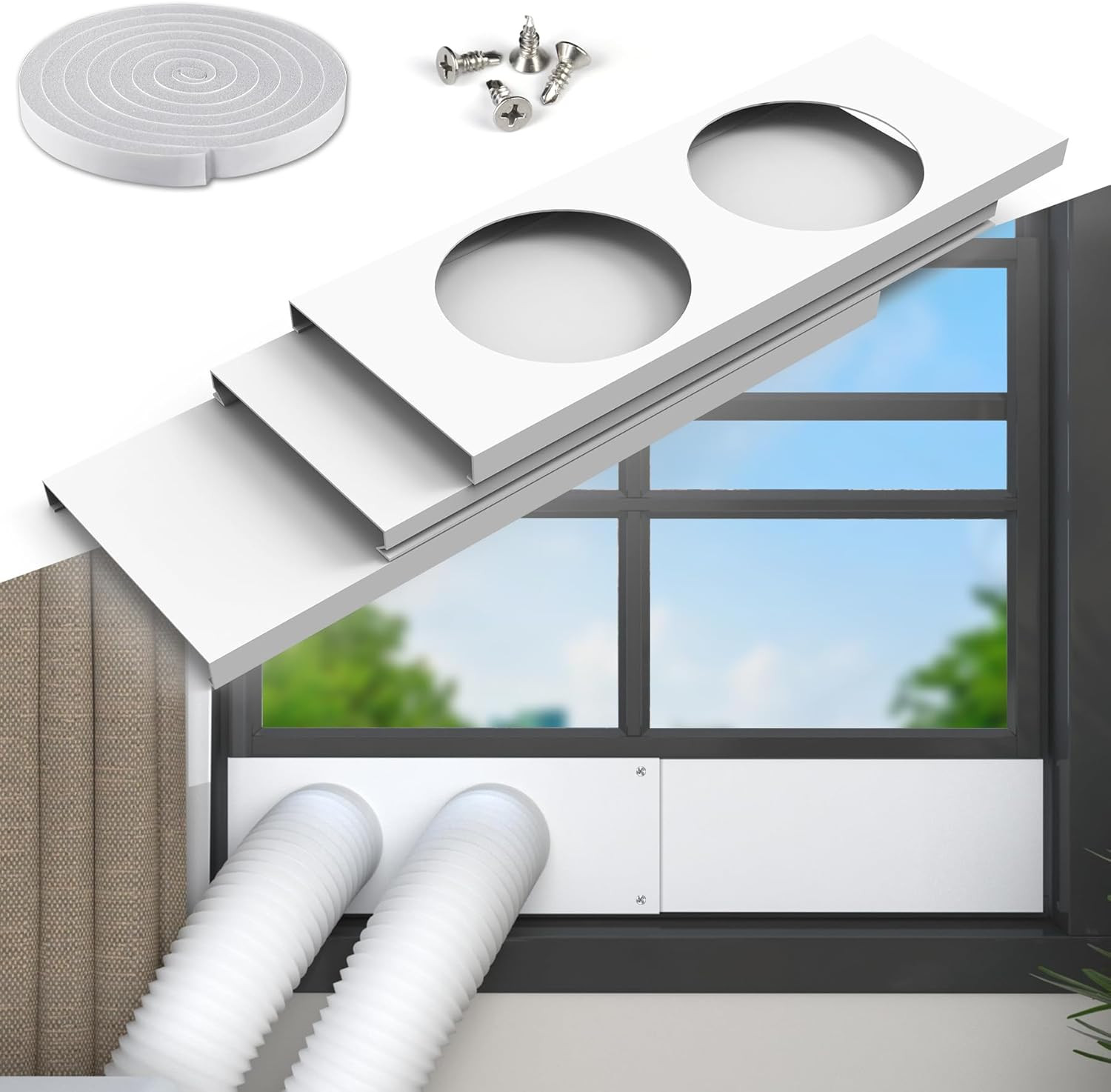 Dual Hose Portable Air Conditioner Window Kit, Adjustable Window Seal Plates for