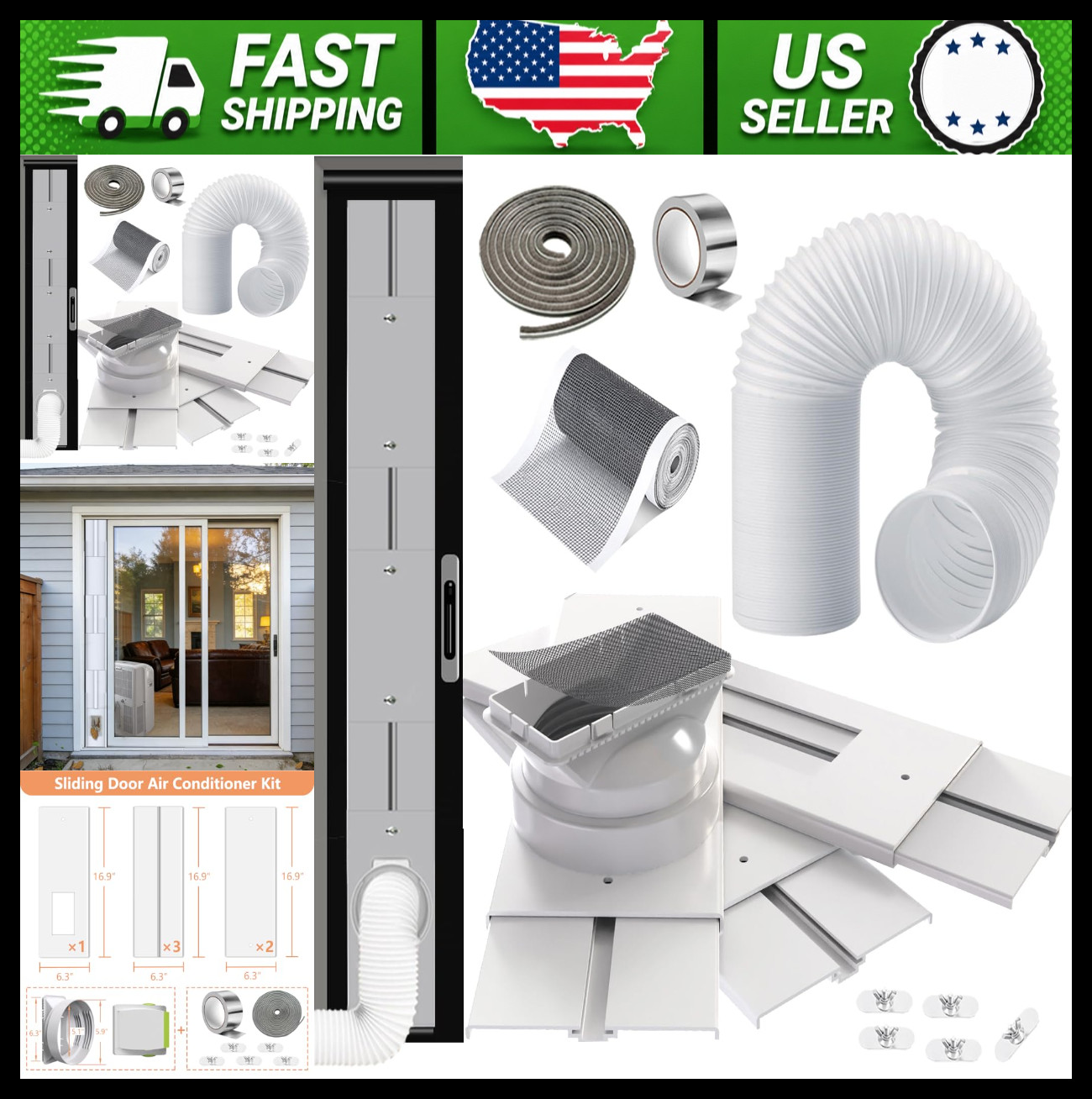 Sliding Door AC Vent Kit with 5.9″ Hose, Filter Screen & Weather Stripping