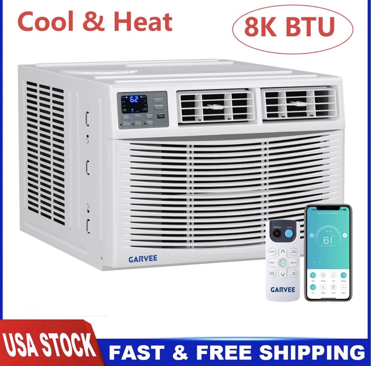 8,000 BTU Heat and Cool Window Air Conditioner w/ Wifi, Remote Control 350 sq.ft