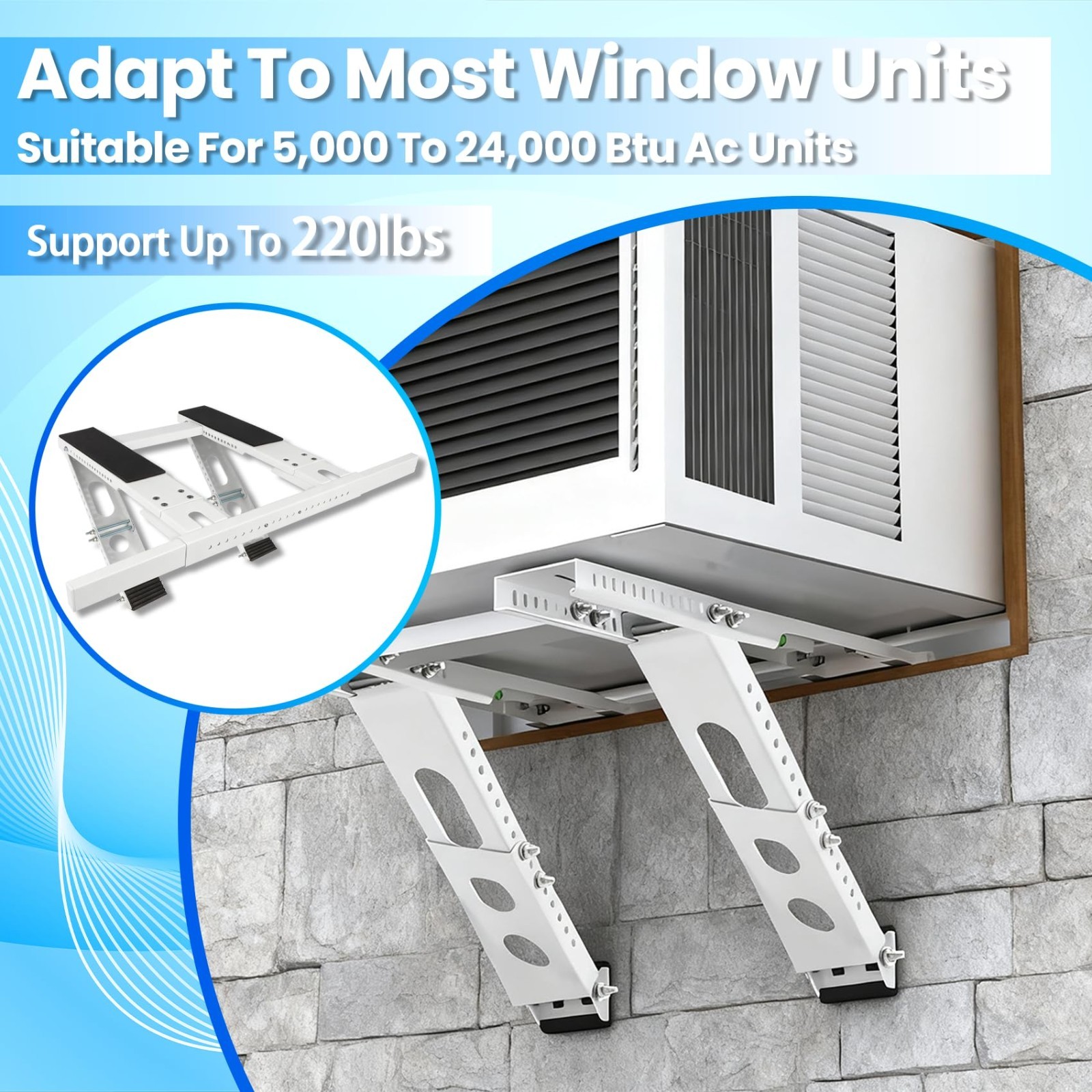 Heavy Duty No-Drill AC Bracket for Single/Double Hung Windows, 5,000-24,000 BTU,