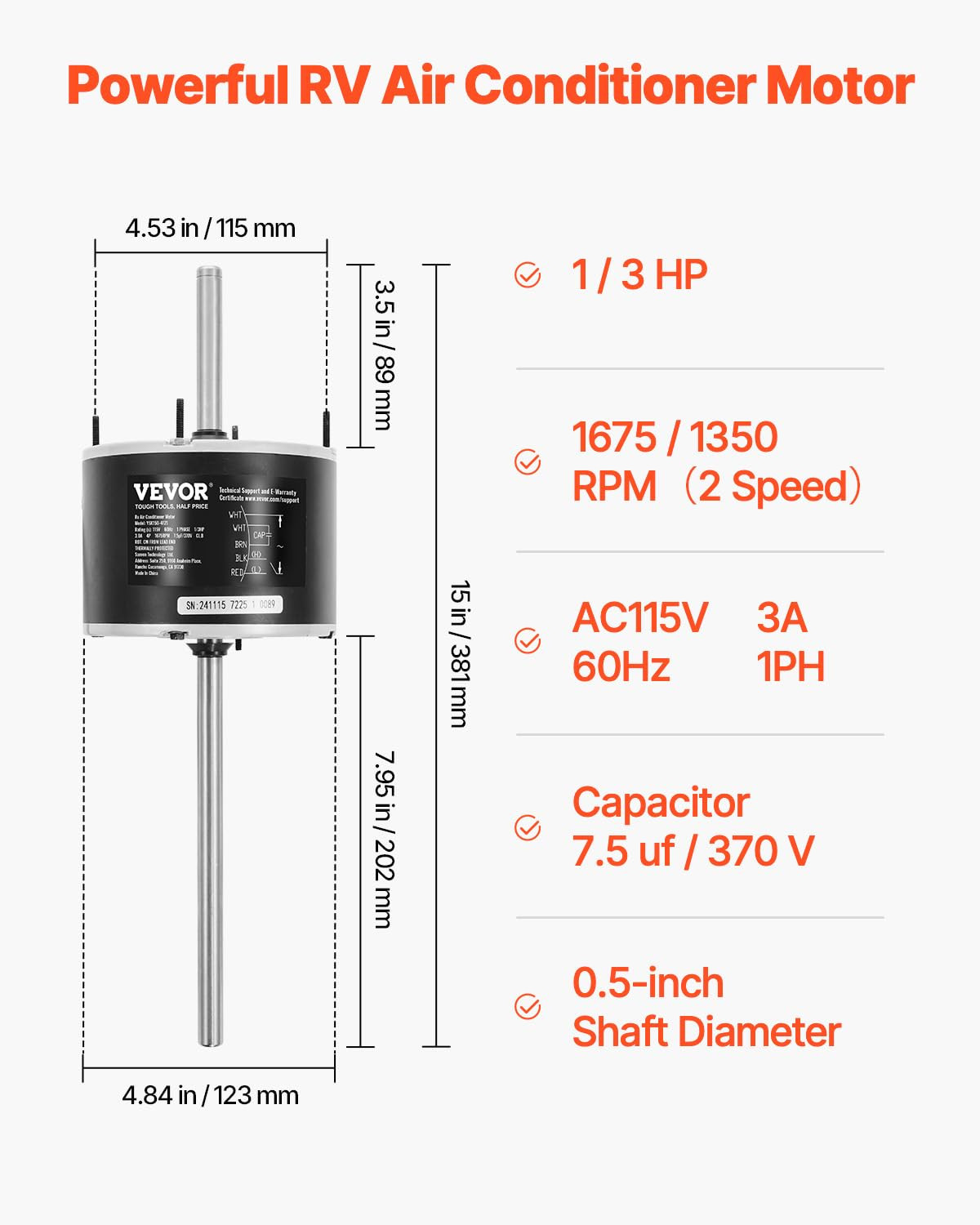 1/3HP RV Air Conditioner Motor with Capacitor, AC115V 3A, 1675 RPM, Replacement