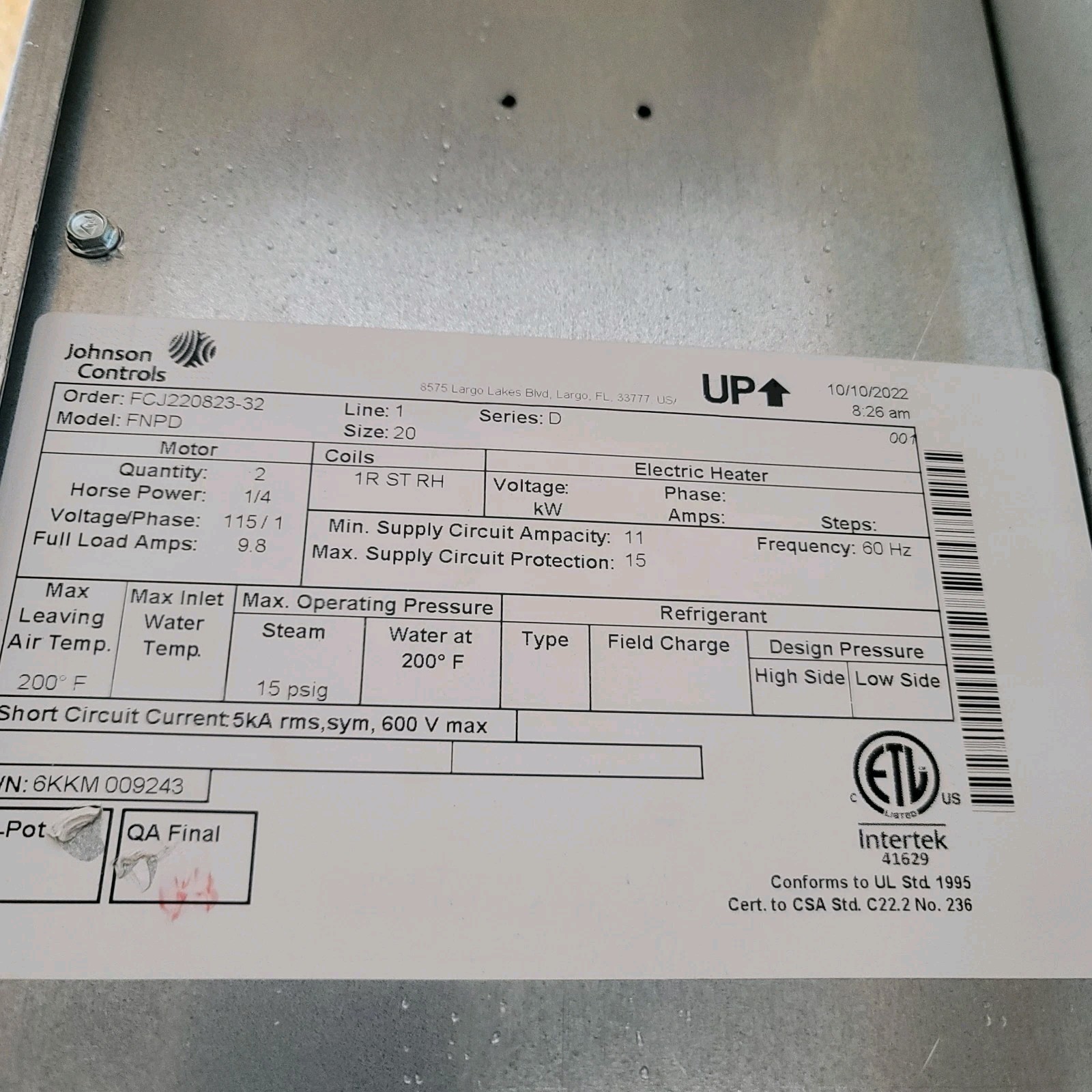 Johnson Controls HVAC Horizontal Low Profile Fan Coil Unit FNPD New