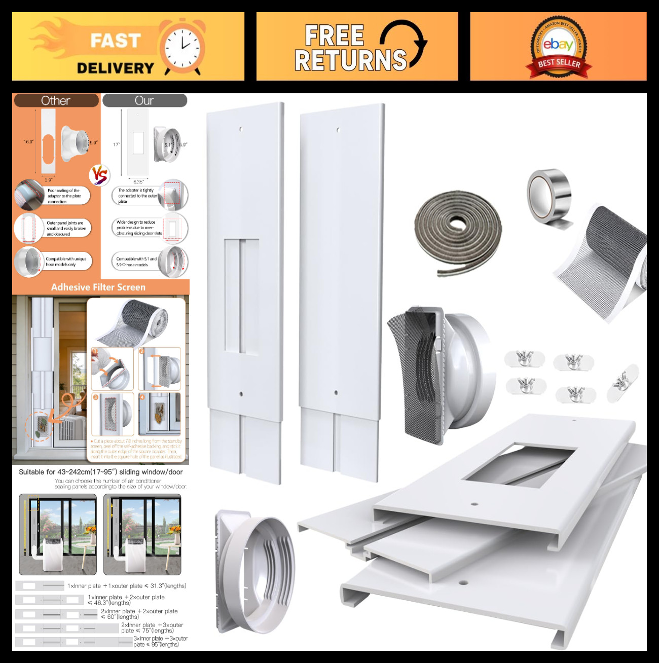 105″ Sliding Door AC Vent Kit for Dual Hose Portable Air Conditioner – Energy Ef
