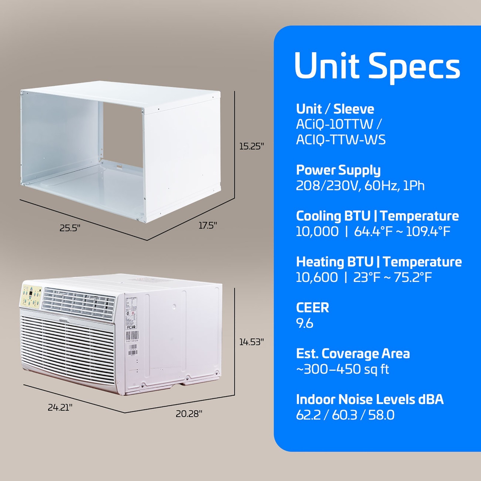 ACiQ 10000 BTU 230V Through-the-Wall Air Conditioner & 3.5 kW Heater – 450 Sq Ft
