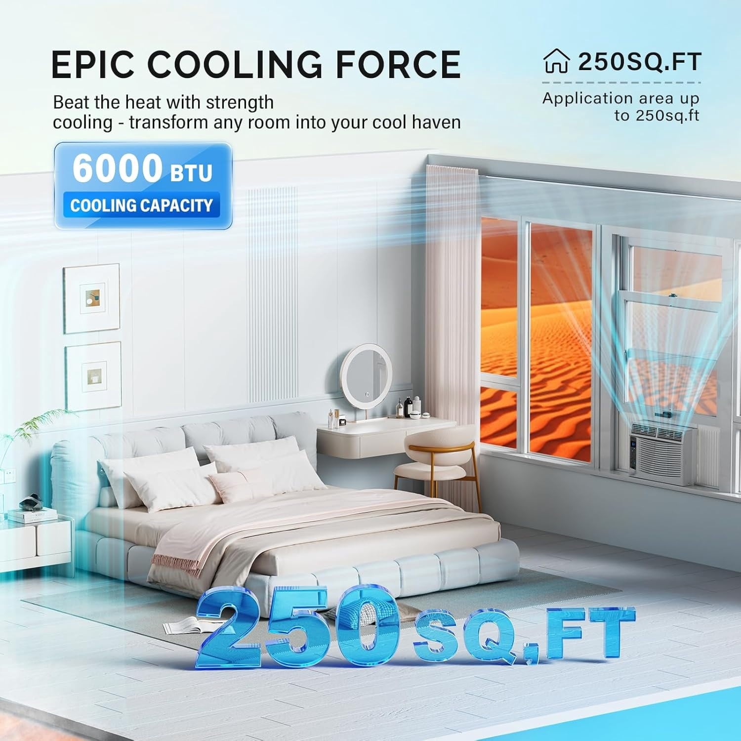 6000 BTU Window Air Conditioner Cool to 250 sq ft Intelligent, WIFI LED,Remote C