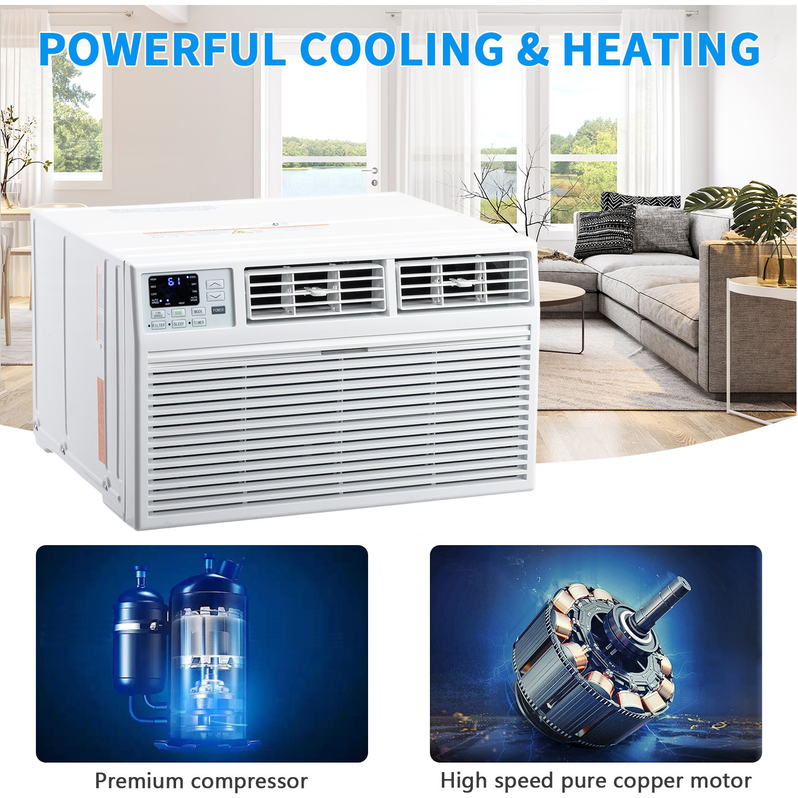 Electric 8000 – 12000 BTU Window Air Conditioner Unit Remote Wifi Heating Fan