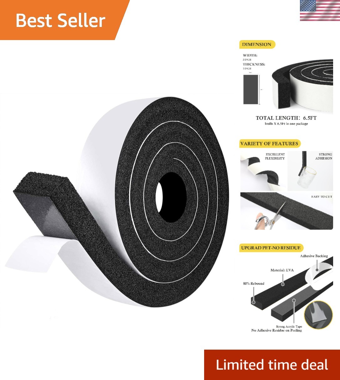 Multi-Purpose Weatherproof Foam Tape – 2″ W X 1″ T Insulation Strips, 6.5ft Roll