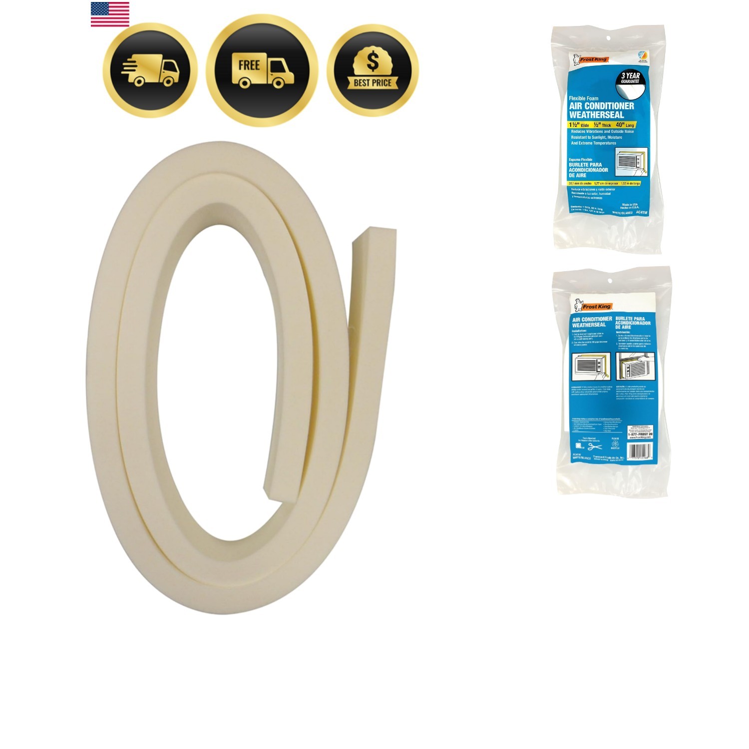 AC41WA AC Foam Weather Seal, Heavy Duty 1-1/2″ W, 1/2″ T, 40″ L, White