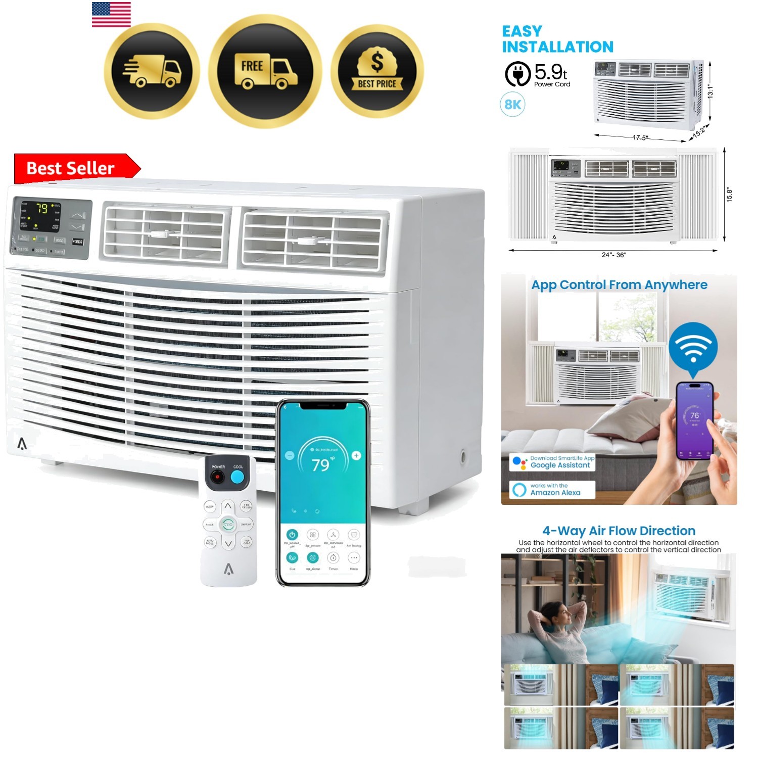 8000 BTU Window Air Conditioner, Window AC Unit 115V Cools Up to 350 Sq.Ft, E…