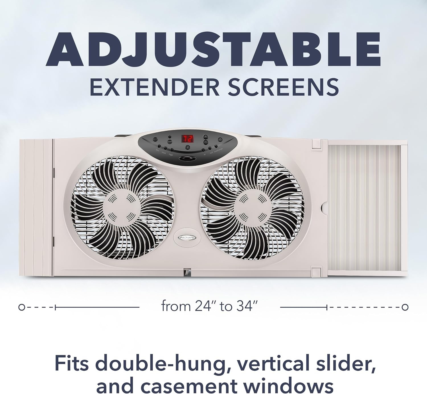 Bionaire Window Fan Reversible Airflow 3-Speed Thermostat LED Remote 24-36″