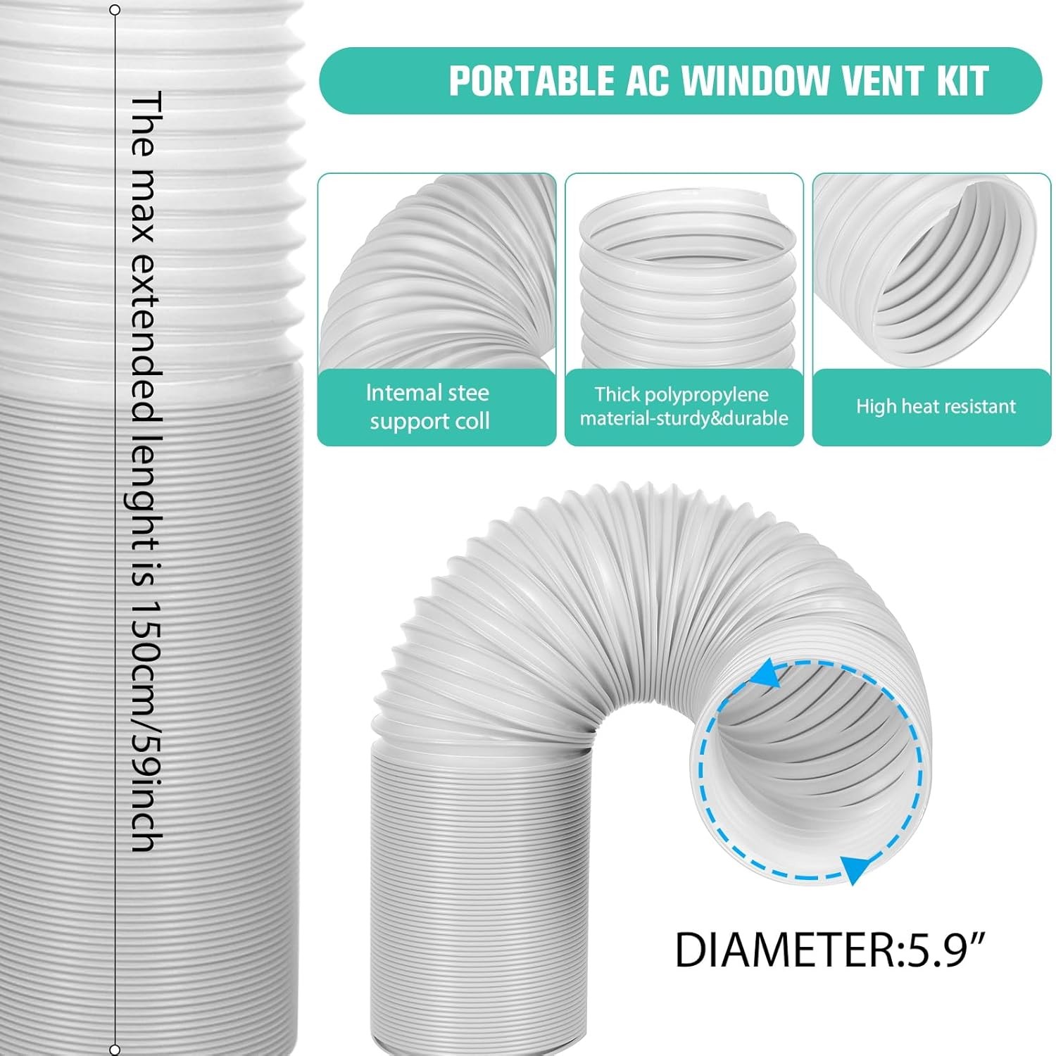 Portable Air Conditioner Window Vent Kit 59″ Exhaust Hose Universal Portable