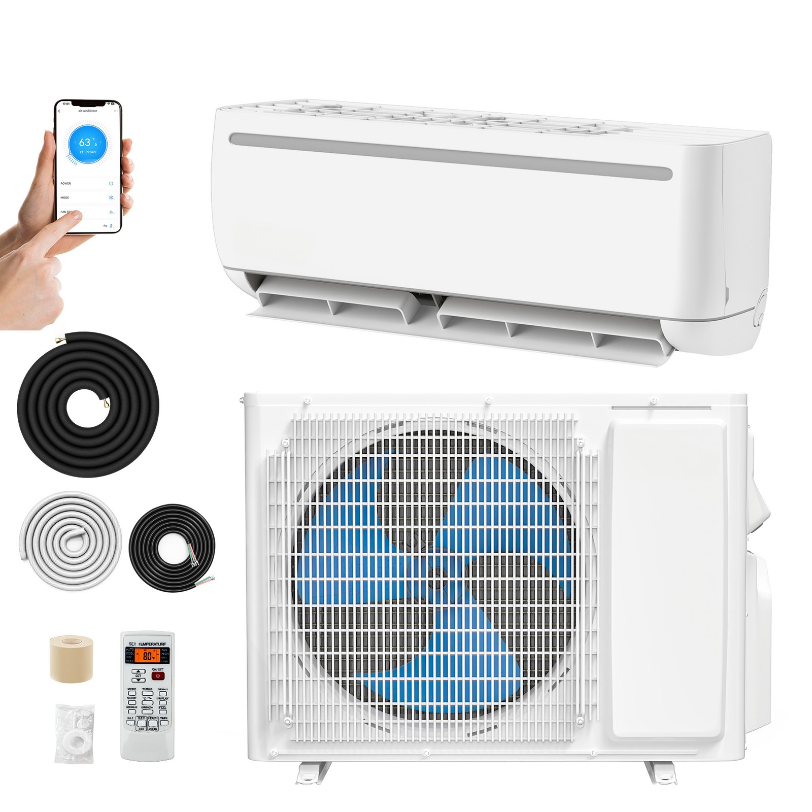9000 BTU Mini Split Air Conditioner Cool Heat Pump19 SEER 110V Wifi Ductless Kit