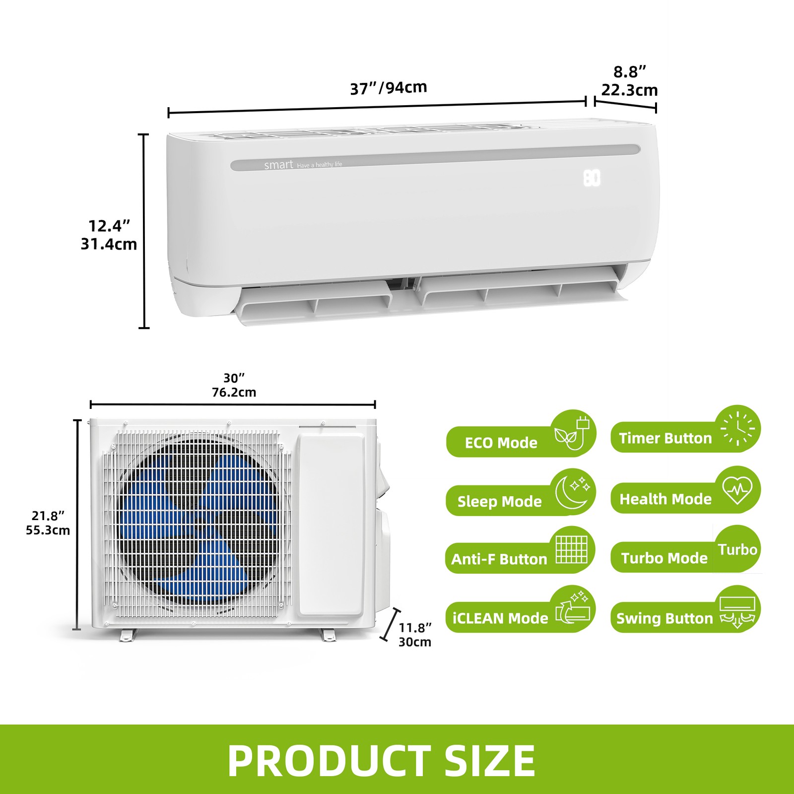 24000 BTU Mini Split AC/Heat Pump 220V Covers Up to 1500 Sq. Ft Ductless