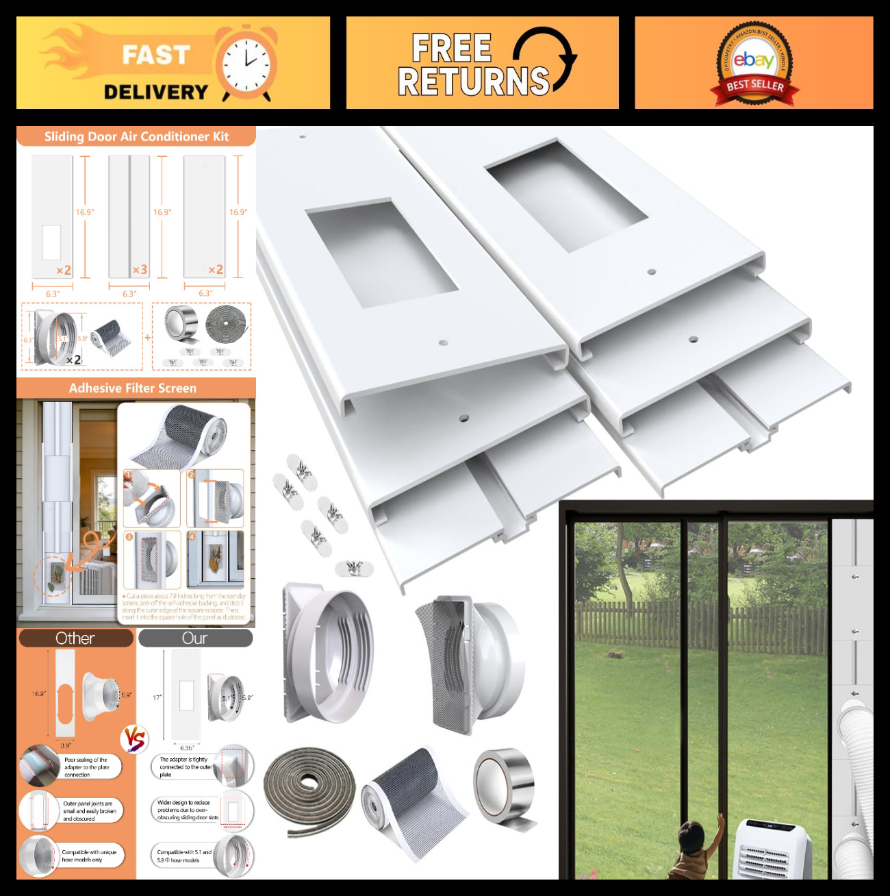 95″ Sliding Door AC Vent Kit for Dual Hose Portable Air Conditioner – Energy Eff
