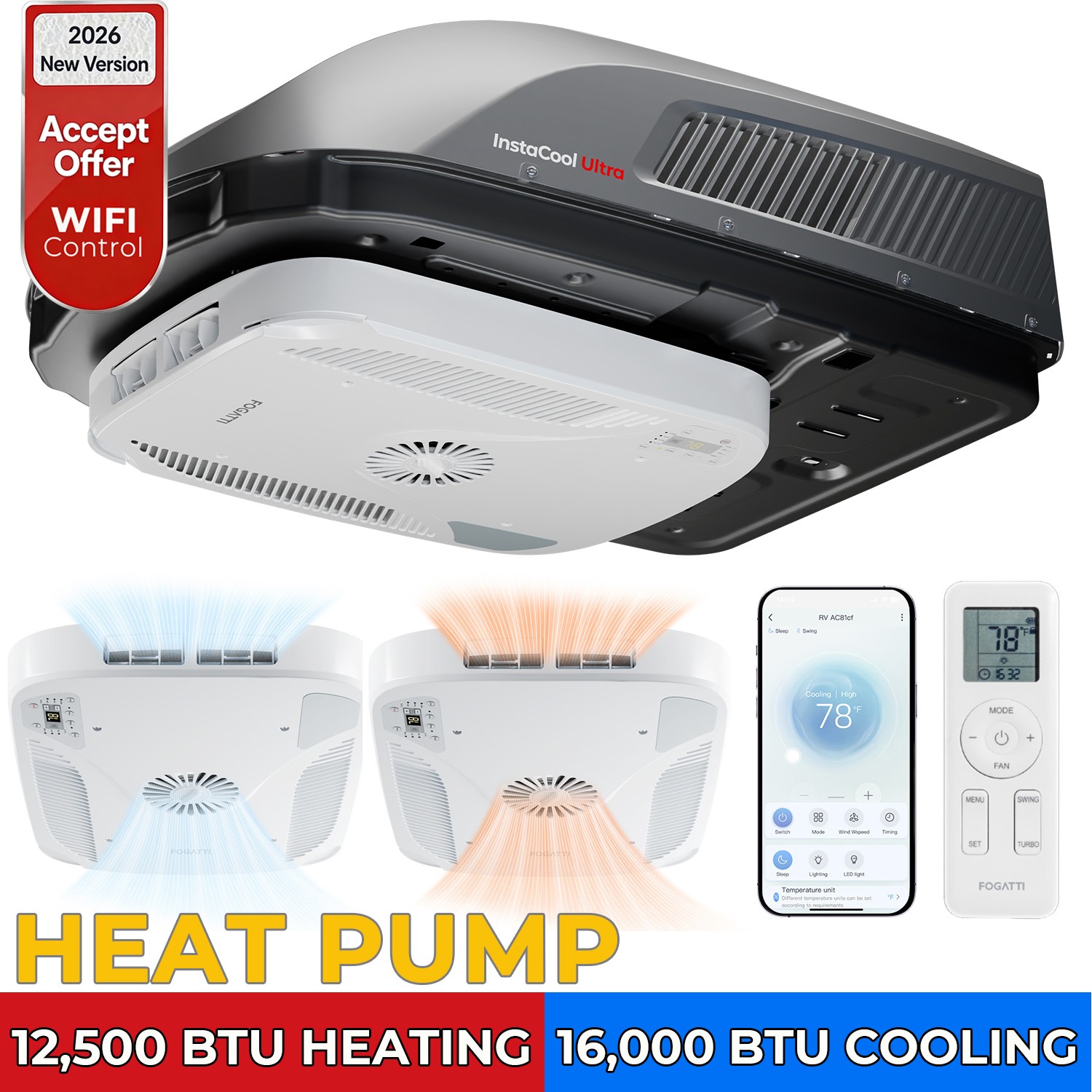 Heat Pump RV Air Conditioner 16K BTU Rooftop Camper AC Unit Ultra Quiet WIFI APP