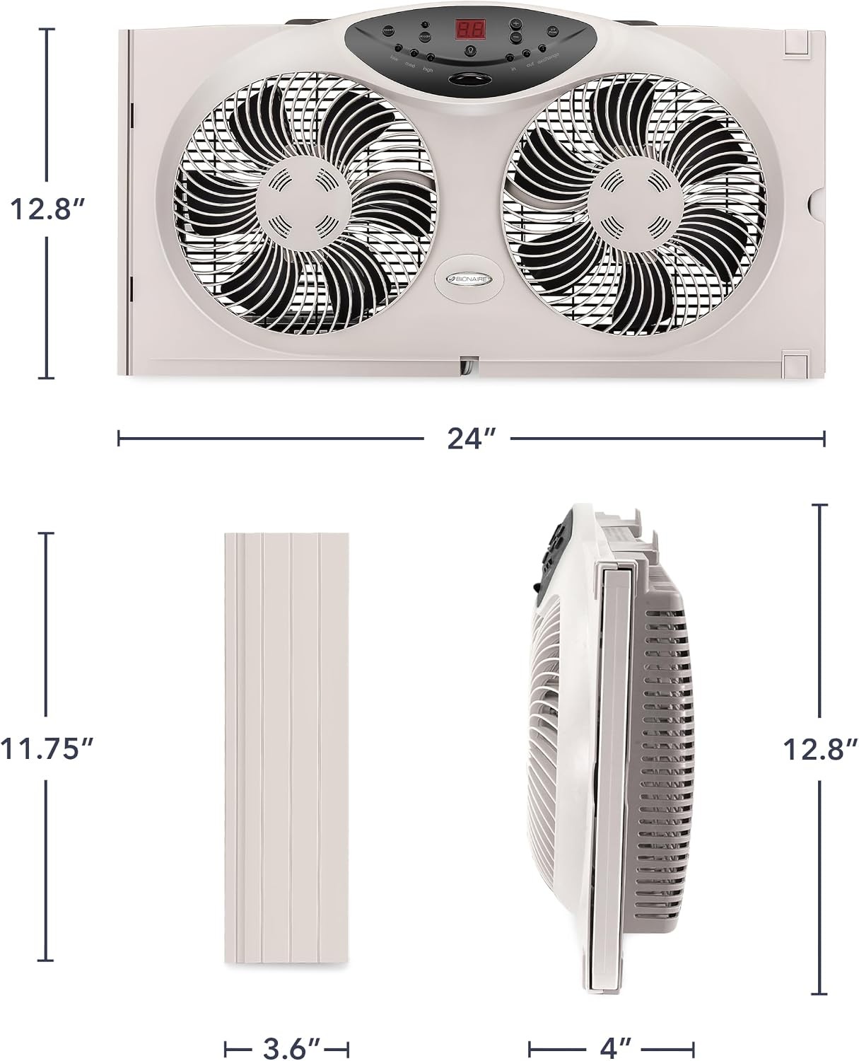 Bionaire Window Fan Reversible Airflow 3-Speed Thermostat LED Remote 24-36″