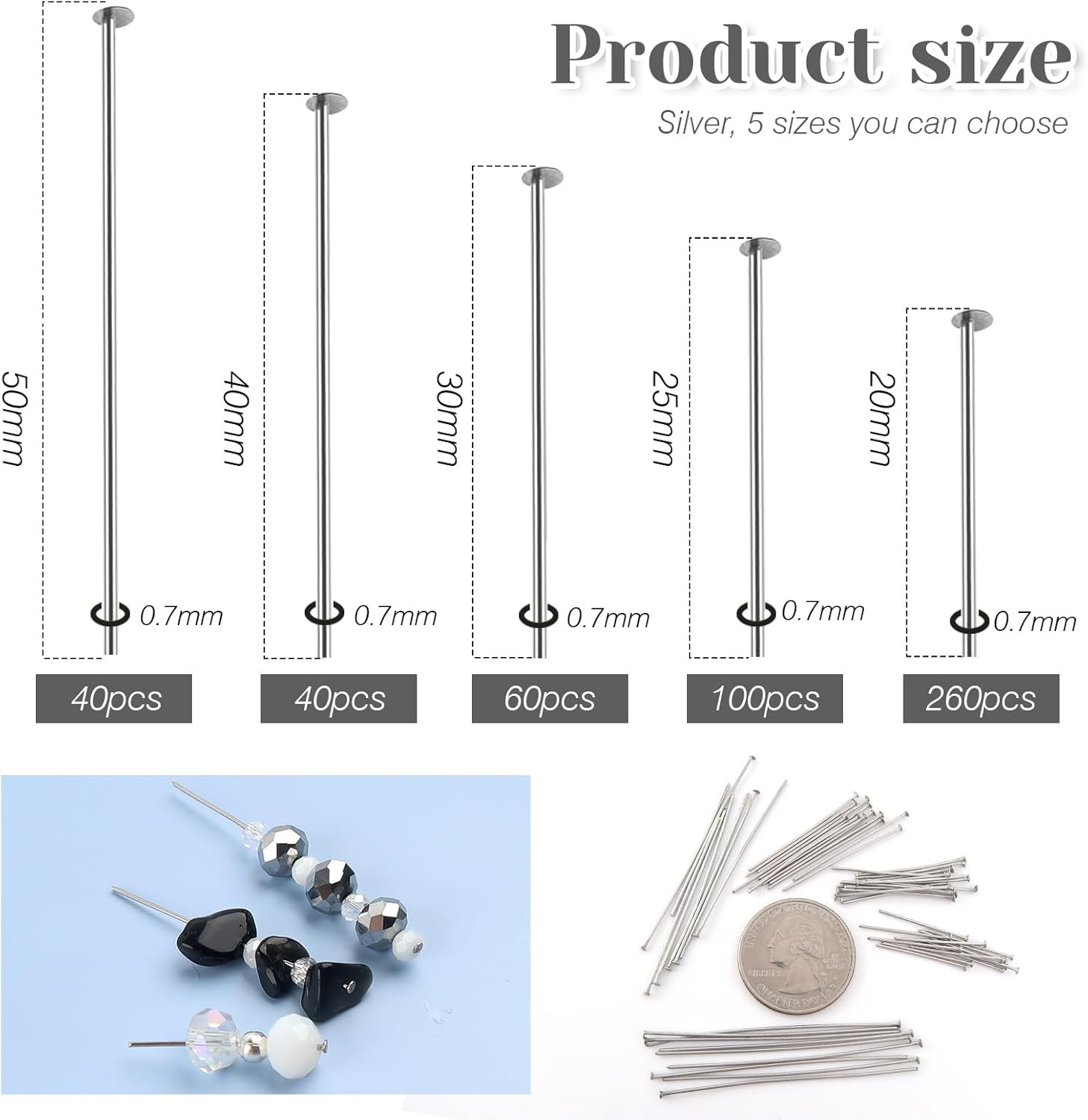 500Pcs Stainless Steel Head Pins Set for Jewelry Making 20Mm to 50Mm Silver Flat