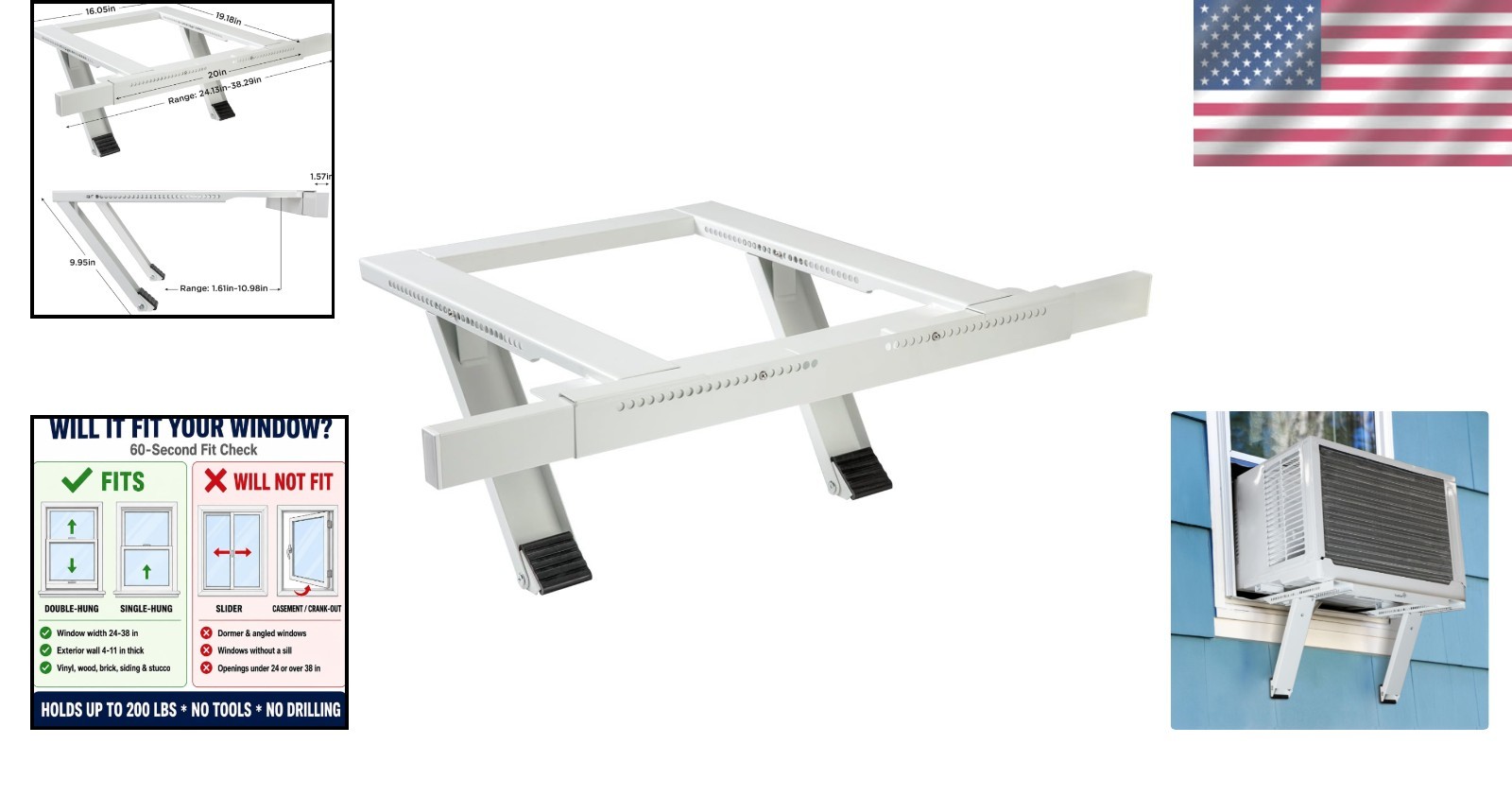 No Drill Heavy Duty AC Support Bracket – Fits 24-38 in Windows, Holds 200 lbs
