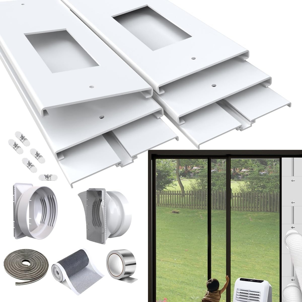 95″ Sliding Door AC Vent Kit for Dual Hose Portable Air Conditioner – Energy Eff