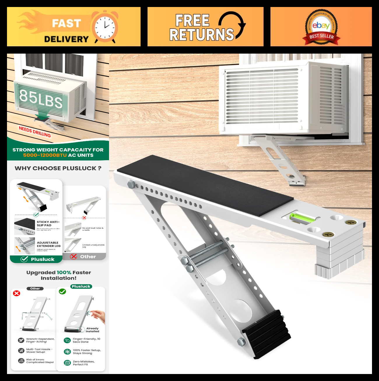 Adjustable Window Air Conditioner Support Bracket with Anti-Slip Mat & Level – 8