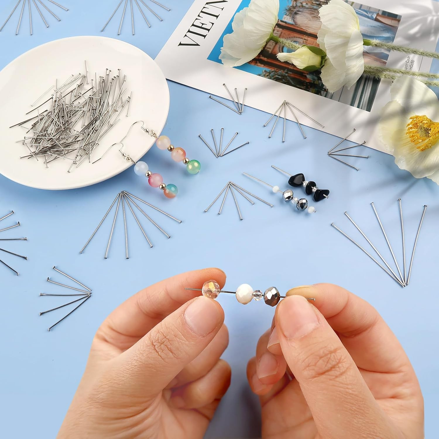 500Pcs Stainless Steel Head Pins Set for Jewelry Making 20Mm to 50Mm Silver Flat