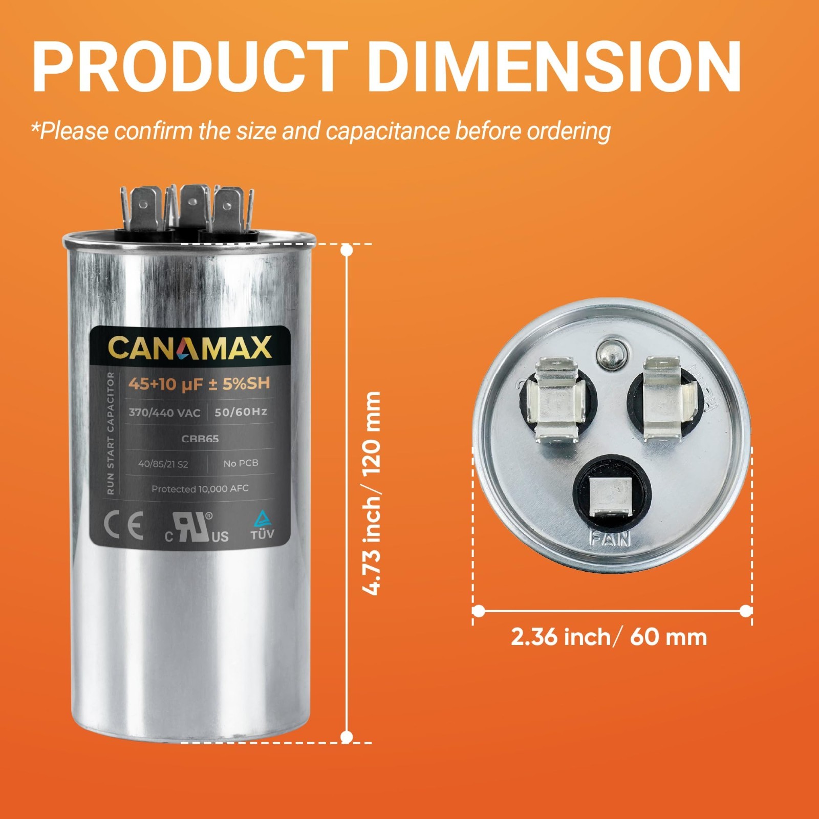 Dual Run Capacitor 45+10 uF 370V/440V for AC Motor, Heat Pump, Condenser Fan – 5