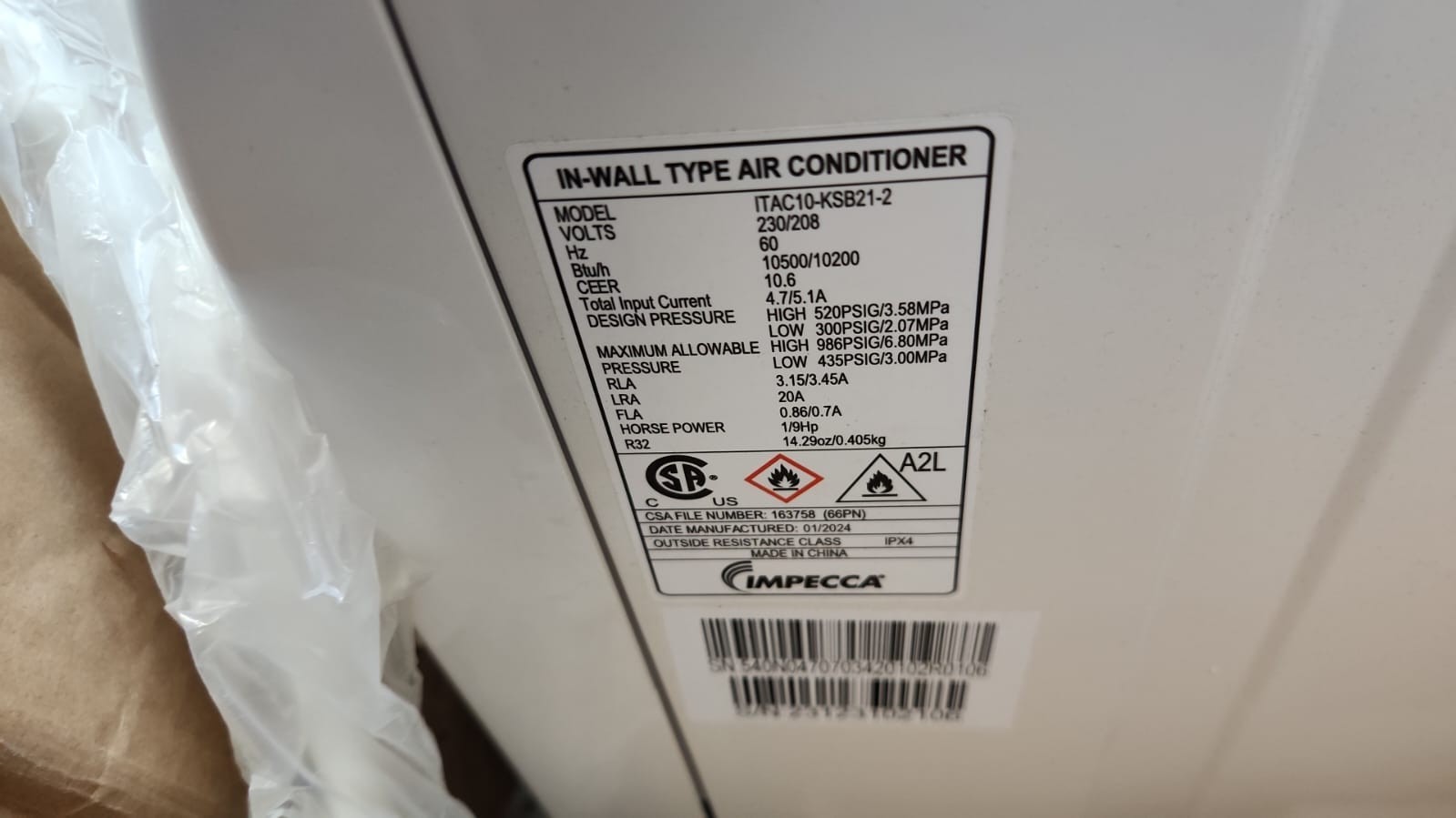 IMPECCA 10,500BTU Through-The-Wall Air Conditioner, Remote, 230V, E-Star #1 COLD