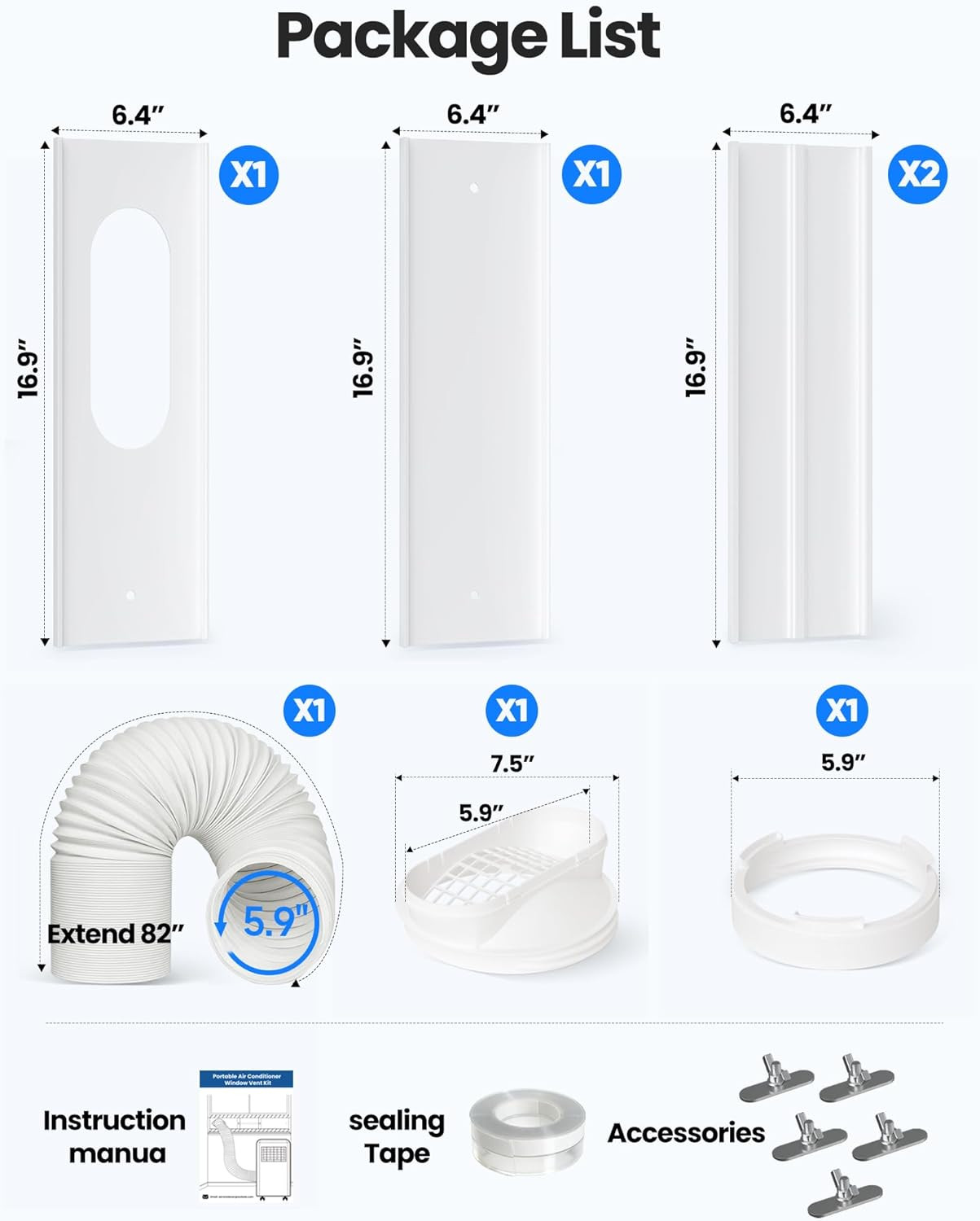 Portable Air Conditioner Window Vent Kit with 82″ Length, 5.9″ Diameter Exhaust