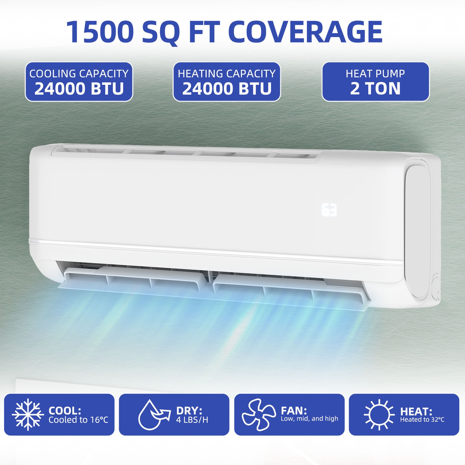 24000 BTU Mini Split Air Conditioner & Heat Pump 220V Covers 1500 Sq. Ft
