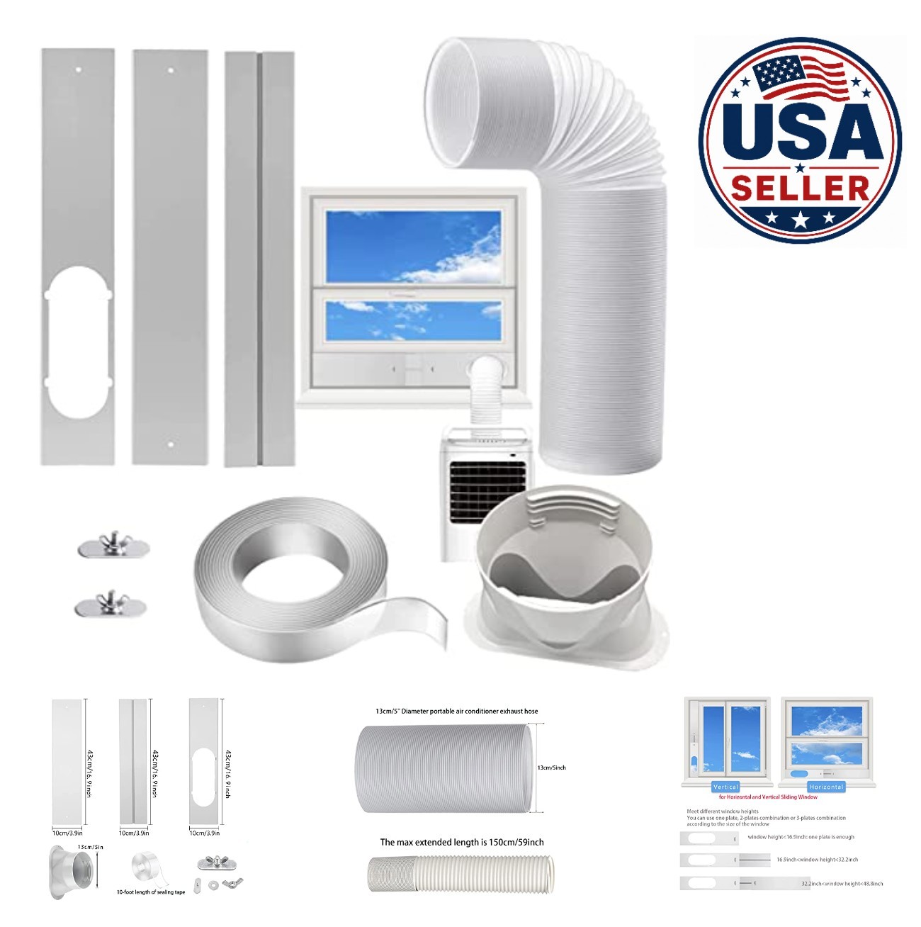 Portable Air Conditioner Window Kit 5.1 inch Exhaust Hose Adjustable AC Vent