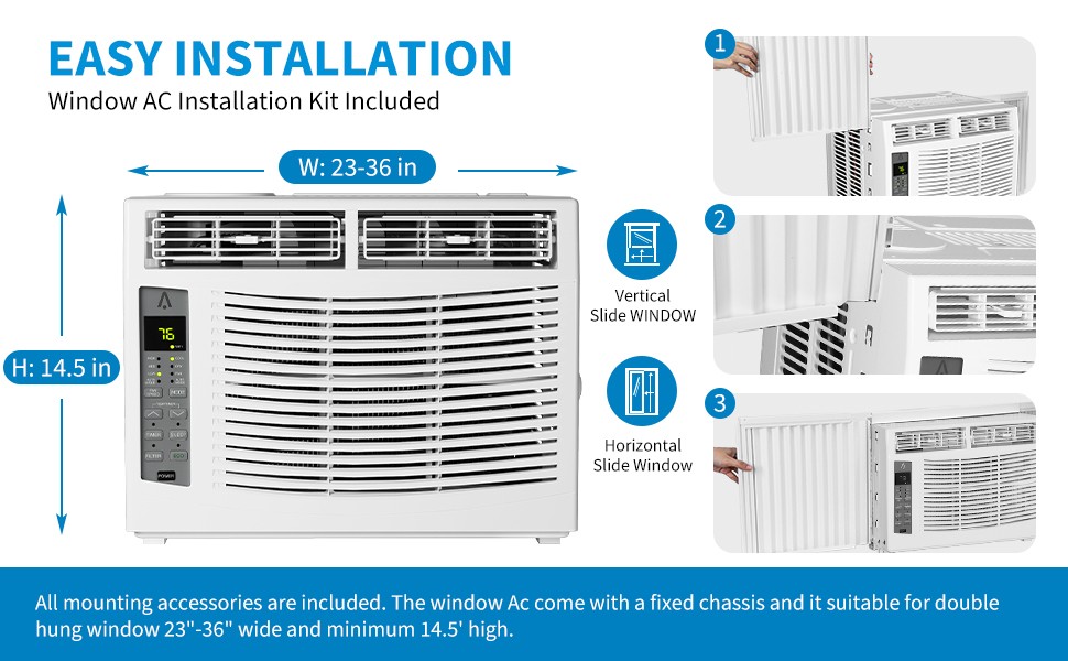 Window Mounted AC 6000 BTU 115V Air Conditioner Remote Control 250 Sq Ft